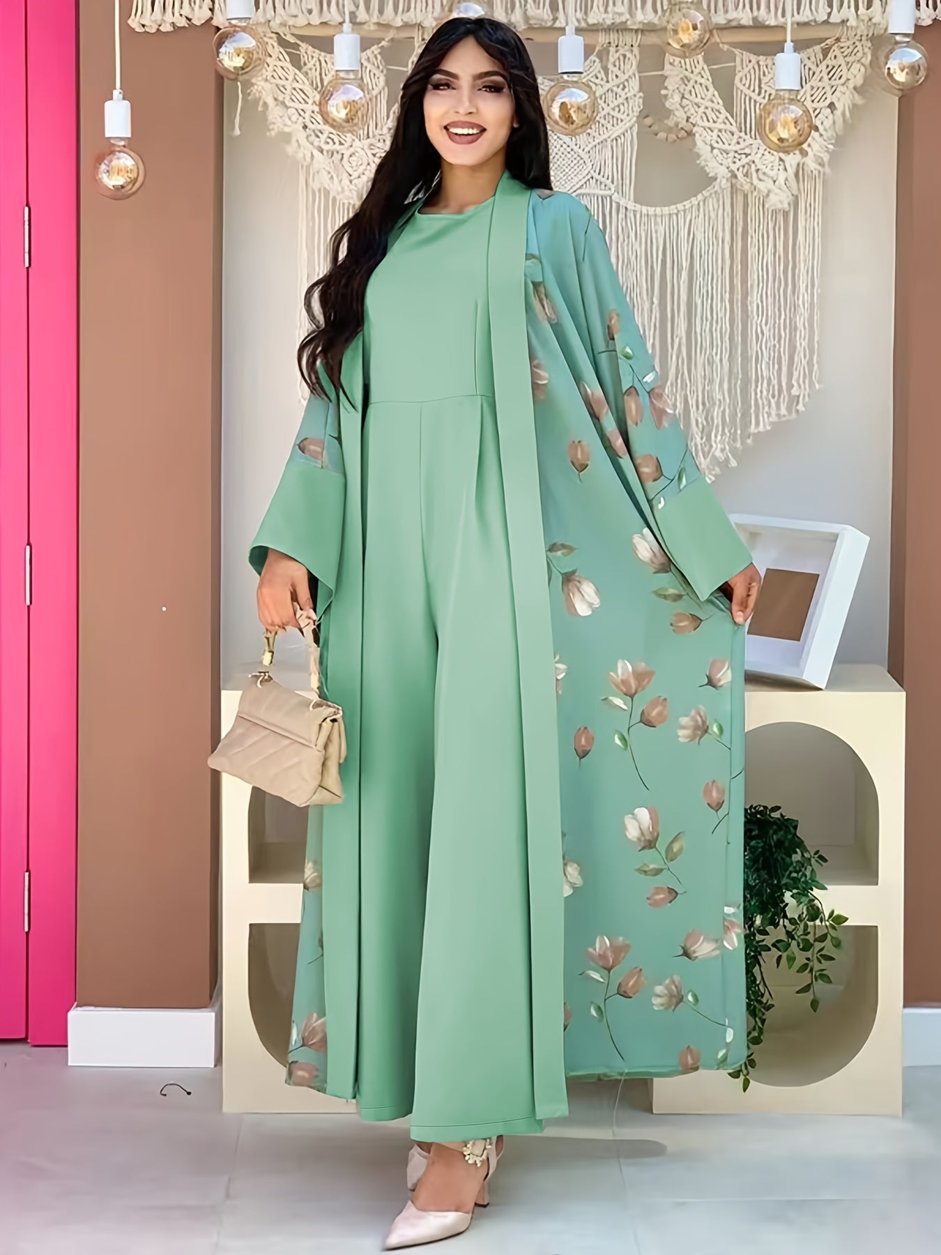 Ethnic Modest Dress Set Without Hijab, Floral Print Long Length leeveless , /MH