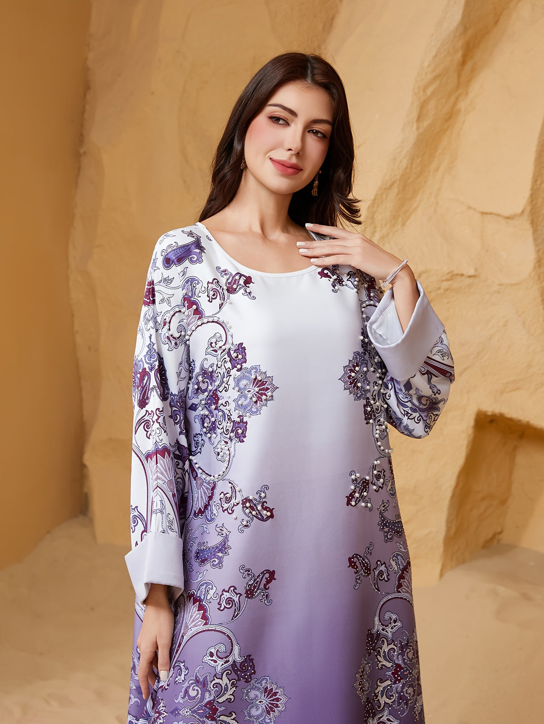 Elegant Purple Floral Print Abaya Dress for Women -/MH