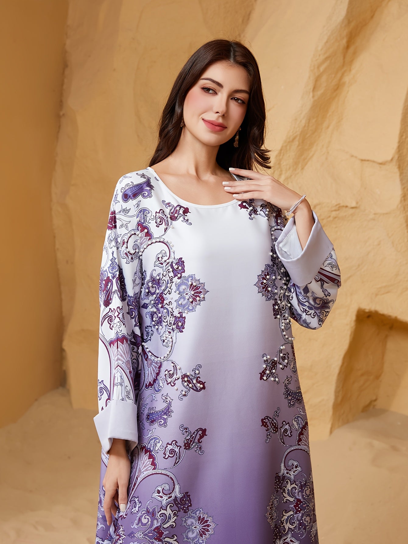 Elegant Purple Floral Print Abaya Dress for Women -/MH