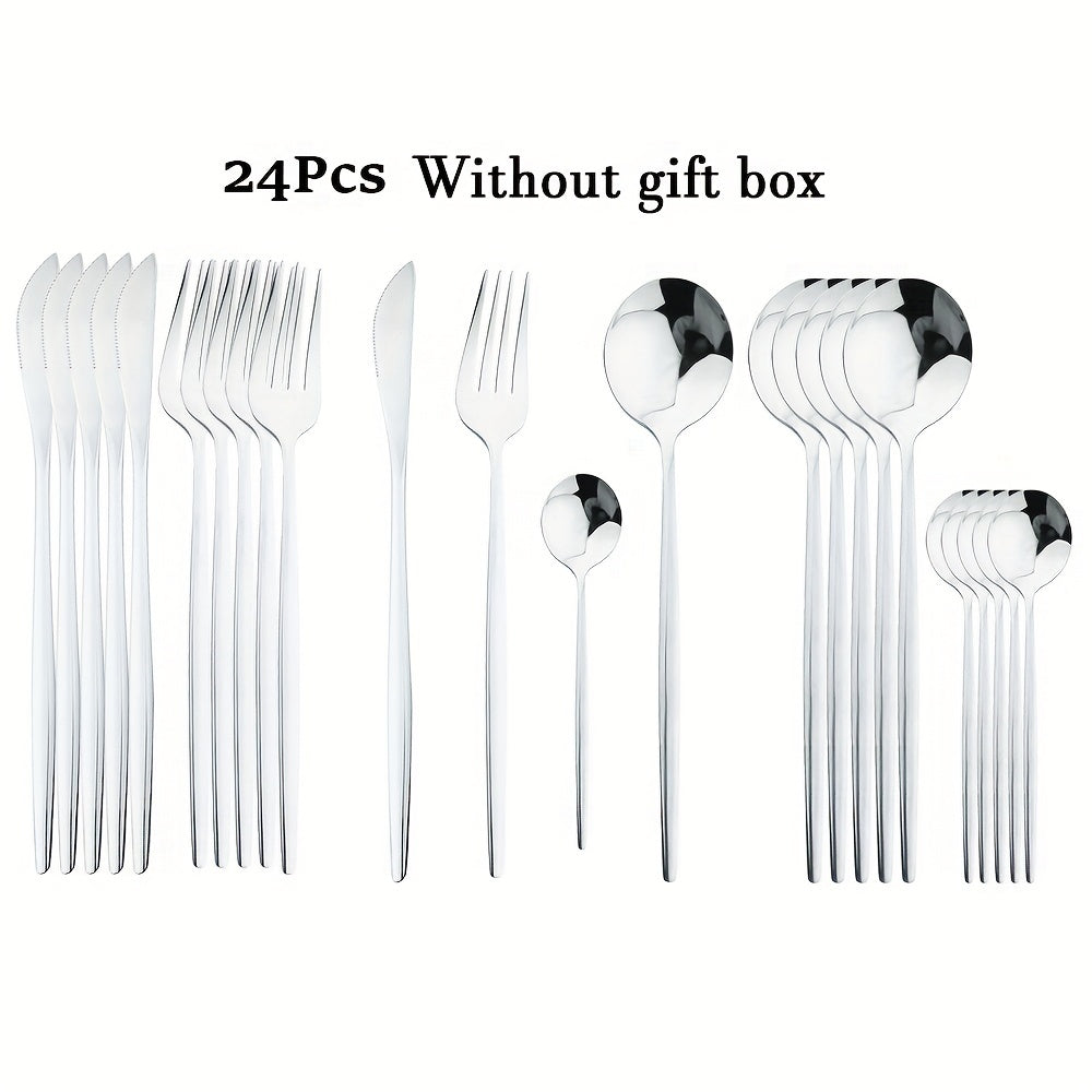24-Piece Luxury Black Handle Golden Cutlery Set - High-Quality Stainless Steel Knife, Fork, and Spoon Tableware Flatware Set for Festival, Kitchen, and Dinnerware - Ideal Gift for Friends and Family