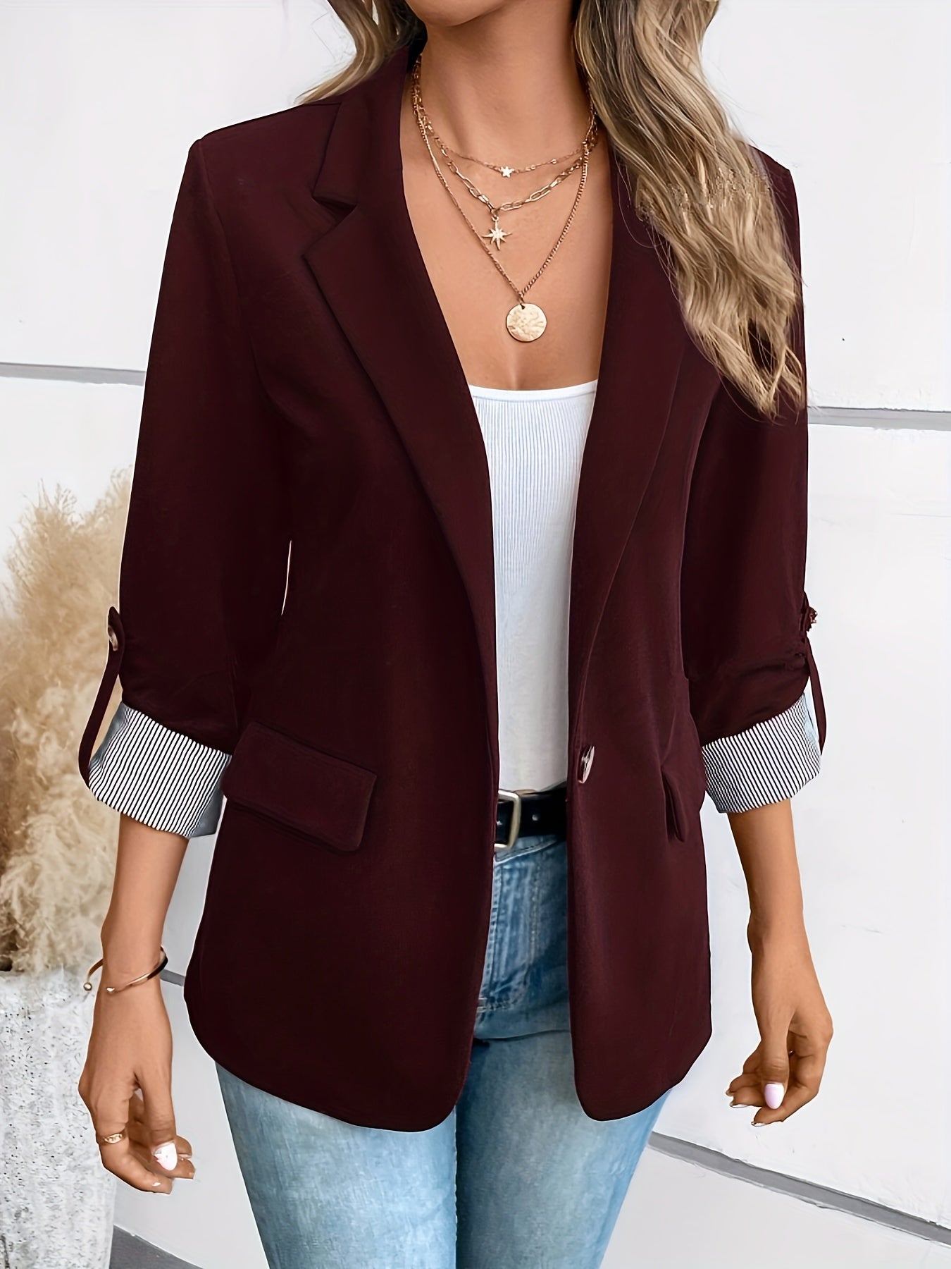 Single-Breasted Label Neck Blazer, Elegant Long Sleeve Blazer.