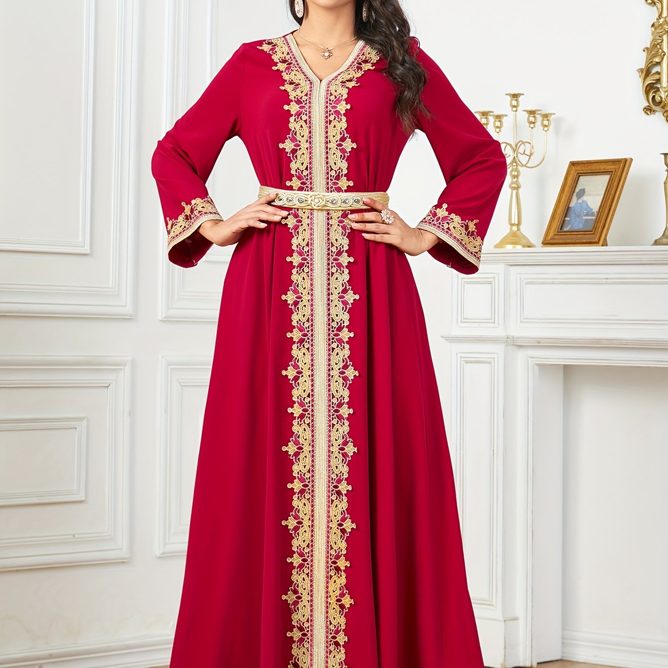 Contrast Lace V-neck Kaftan Dress, Elegant Long Sleeve'/MH