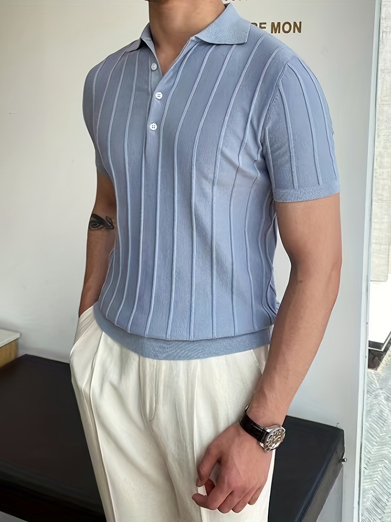 Vertical Striped Chic Shirt, Men's Casual Solid Color High Stretch .