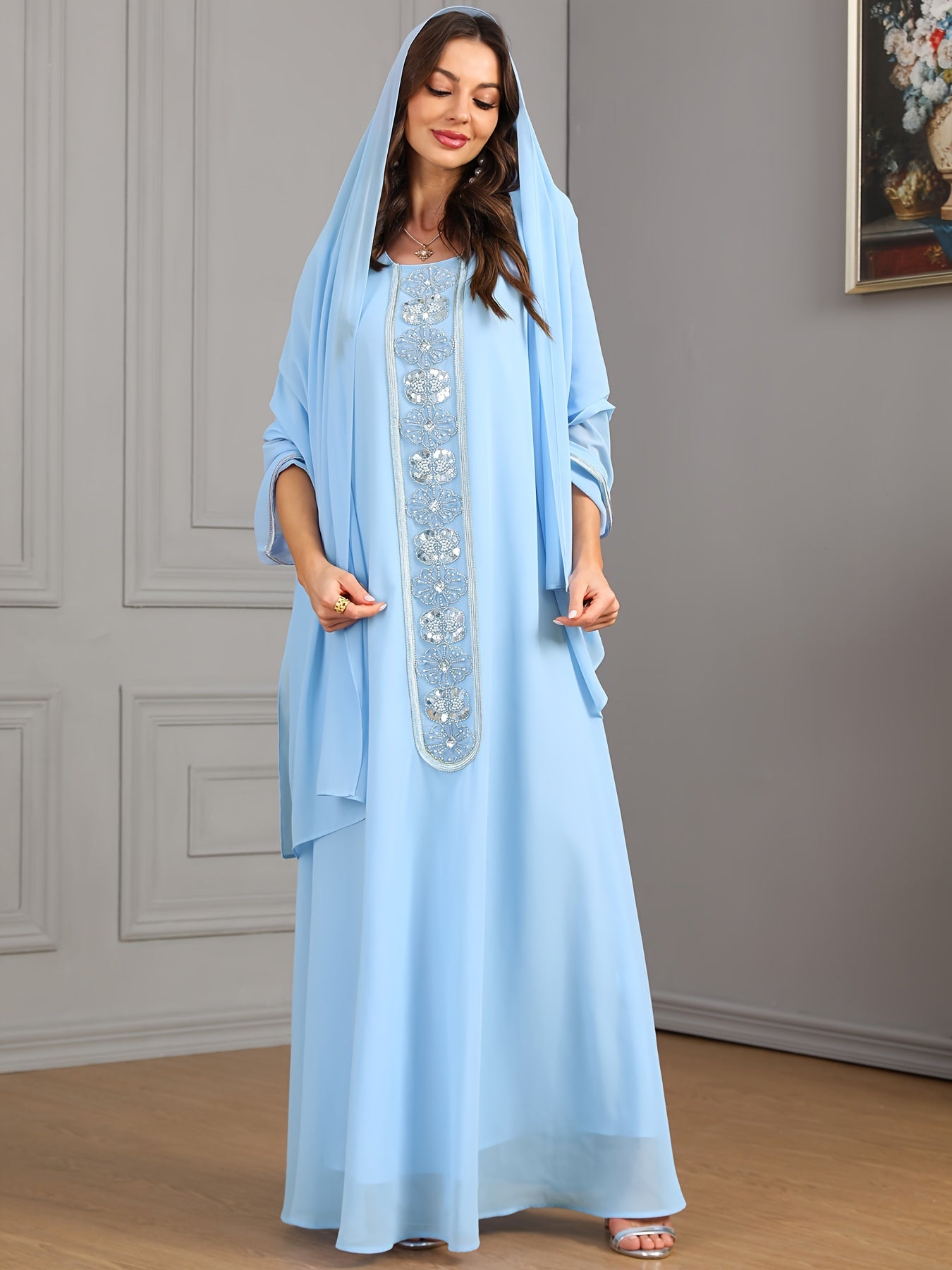 Embroidered Crew Neck Kaftan Dress, Elegant Long Sleeve women fashion '/MH