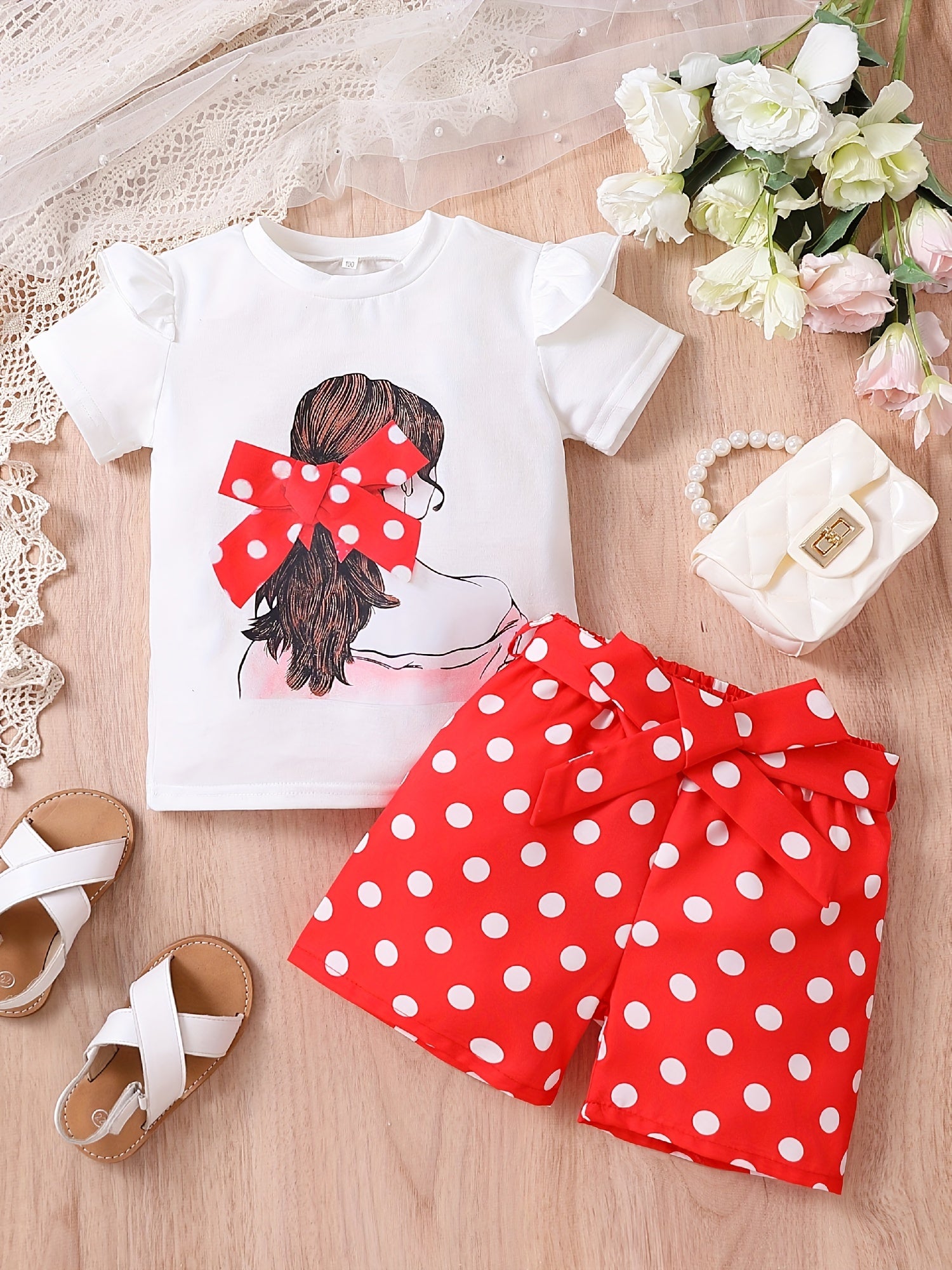 2pcs Toddler Girls Bow Figure Graphic Ruffle Trim T-Shirt