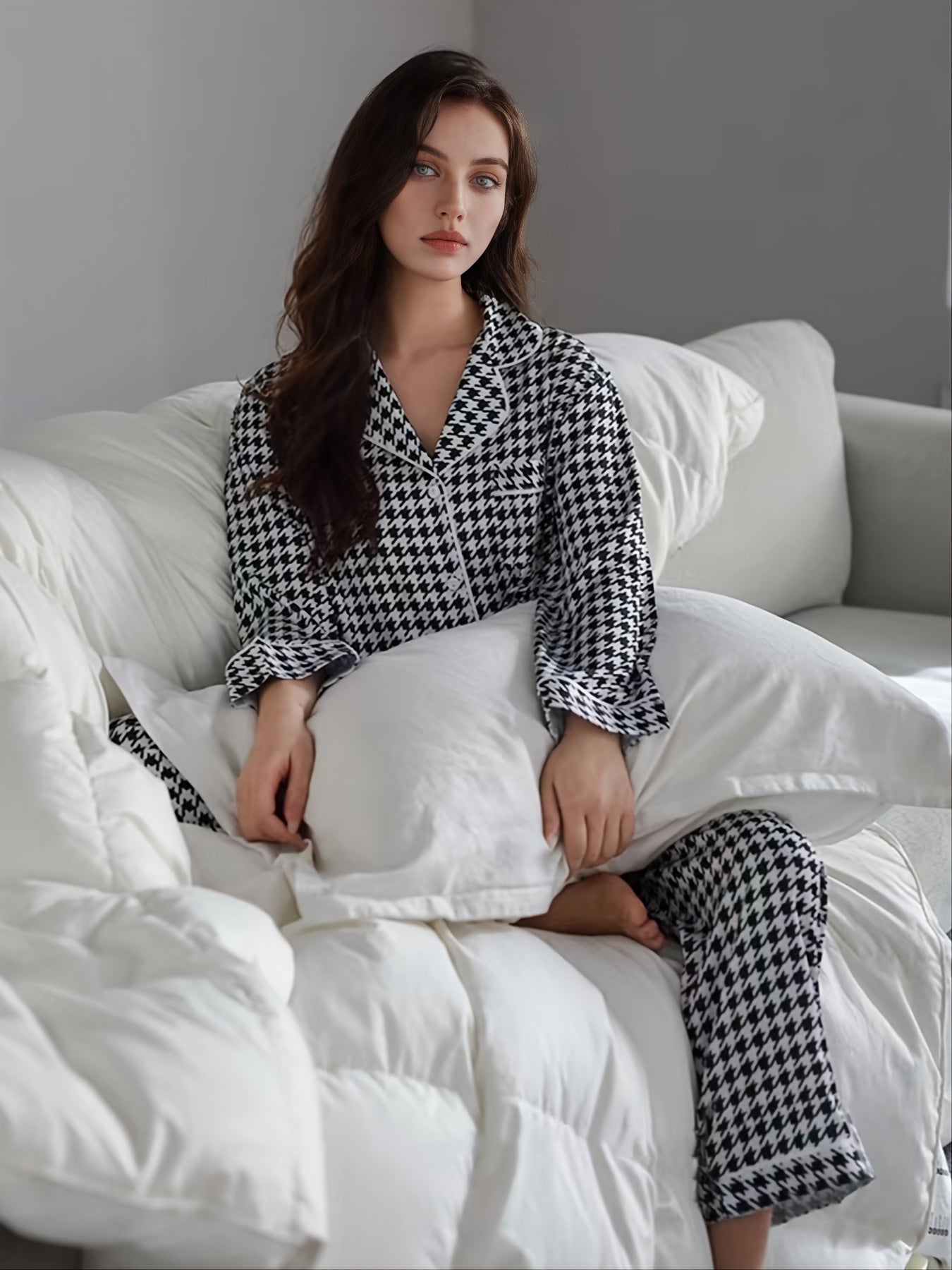 Elegant Classic Houndstooth Print Pajama Set,