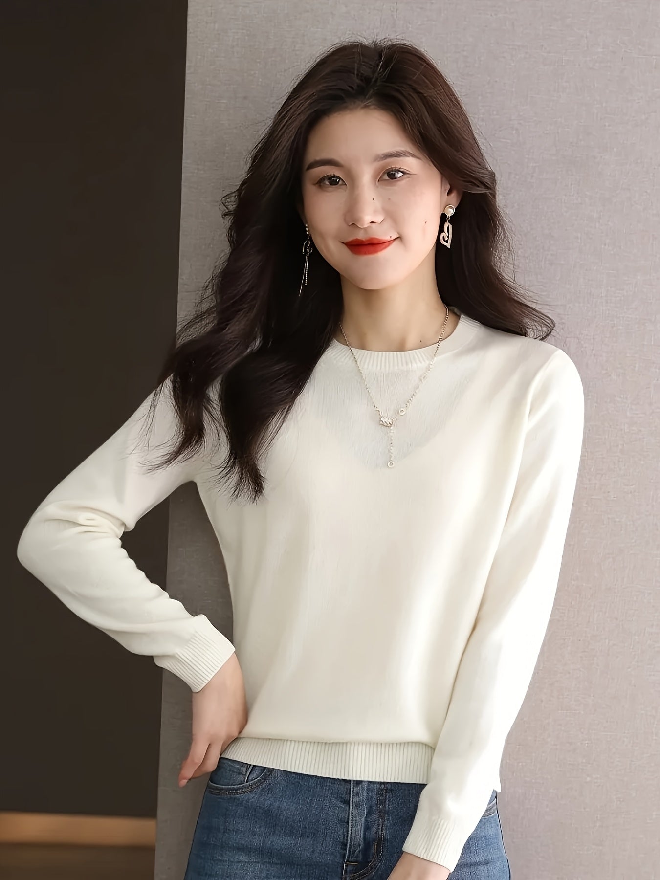 1pc Women'S 100% Wool Crew Neck Long Sleeve Knit Sweater,