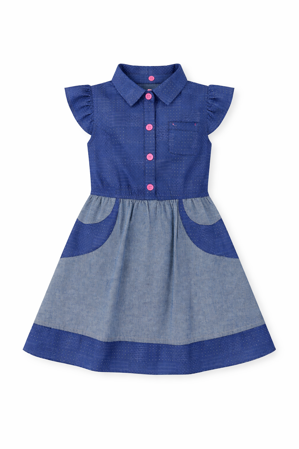 Girls Premium Denim Patchwork Dress with Pink Buttons (2–12 Years) | MH Kids UAE