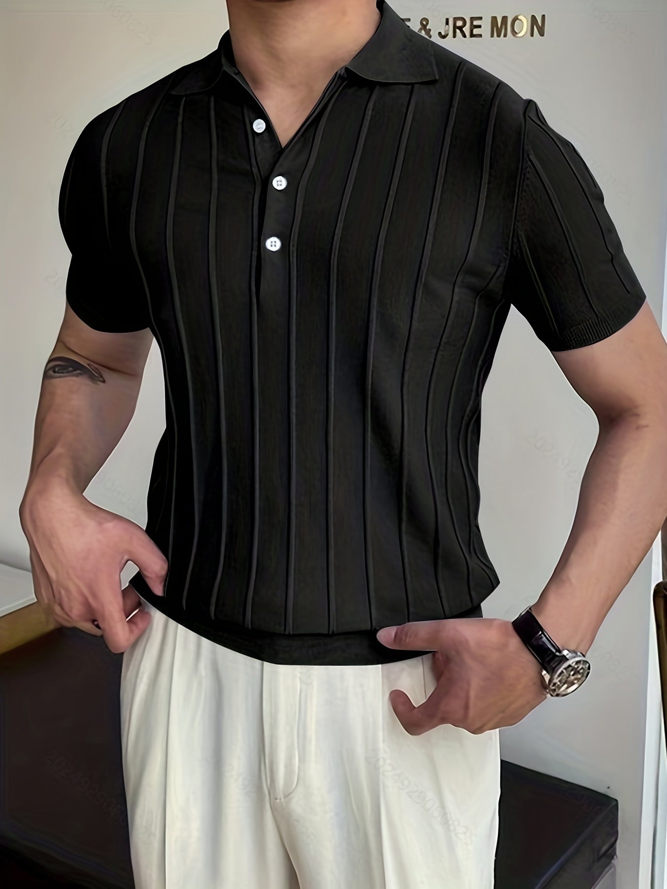 Vertical Striped Chic Shirt, Men's Casual Solid Color High Stretch .