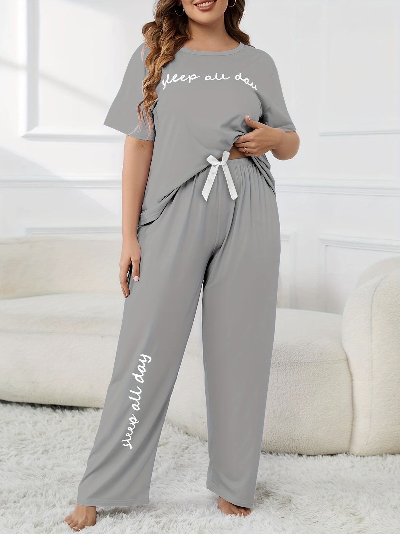 Plus Size Women's Cute Pajama Set, Plus Size Letter Print Short Sleeve Top and Pants Casual 2pcs, Plus Size Pajama Sets
