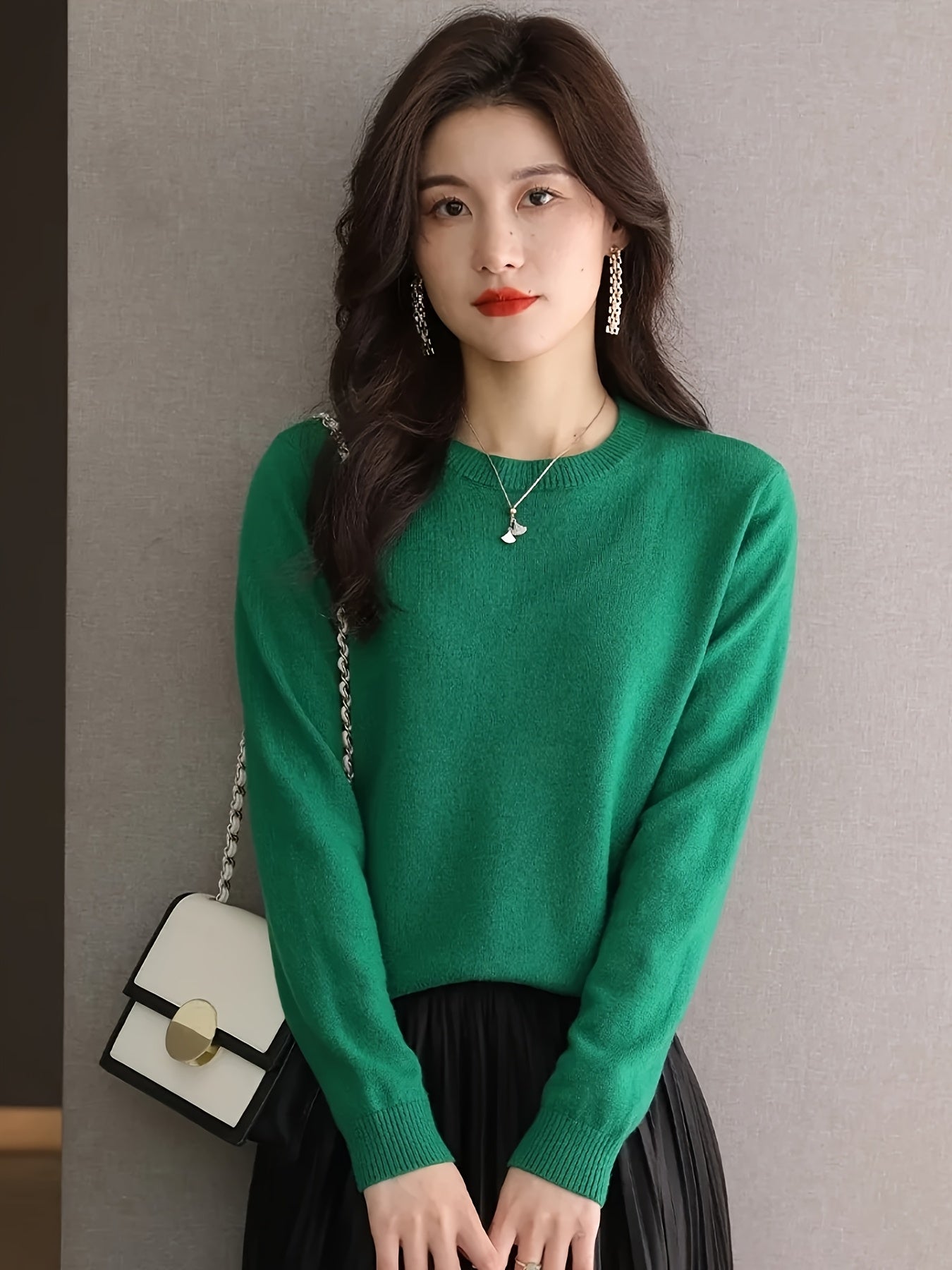 1pc Women'S 100% Wool Crew Neck Long Sleeve Knit Sweater,