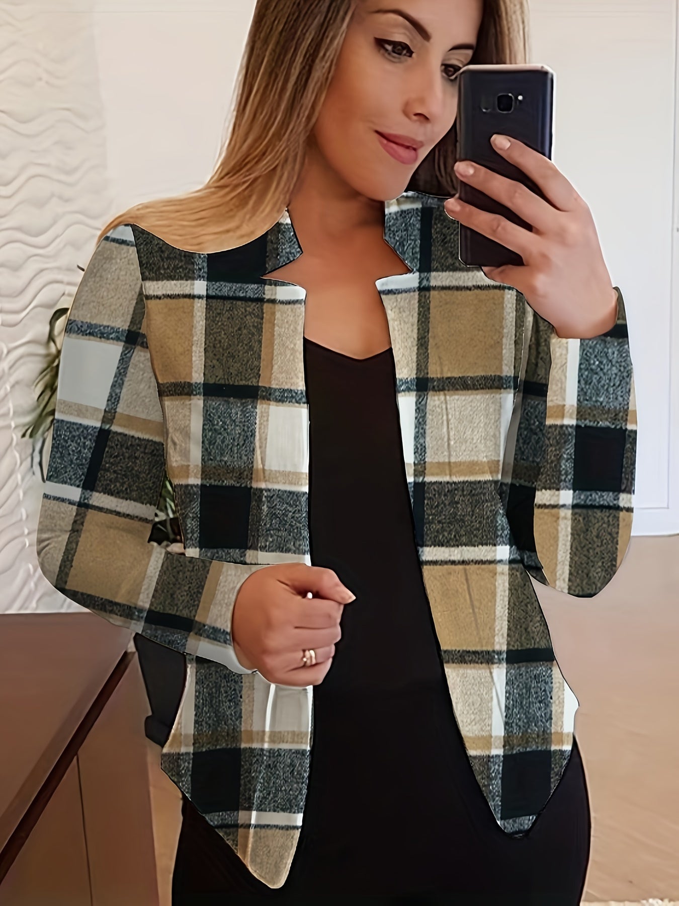 Plaid Print Open Front Blazer, Elegant Long Sleeve .