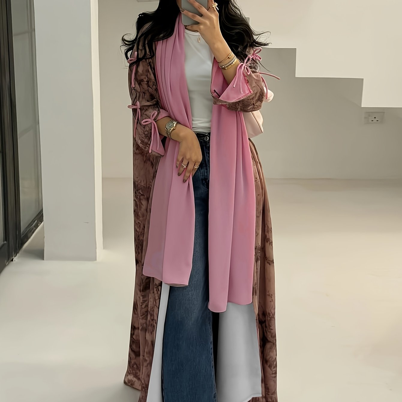 Women'S Elegant Blue Floral Print Chiffon Abaya with Golden Accents - / MH