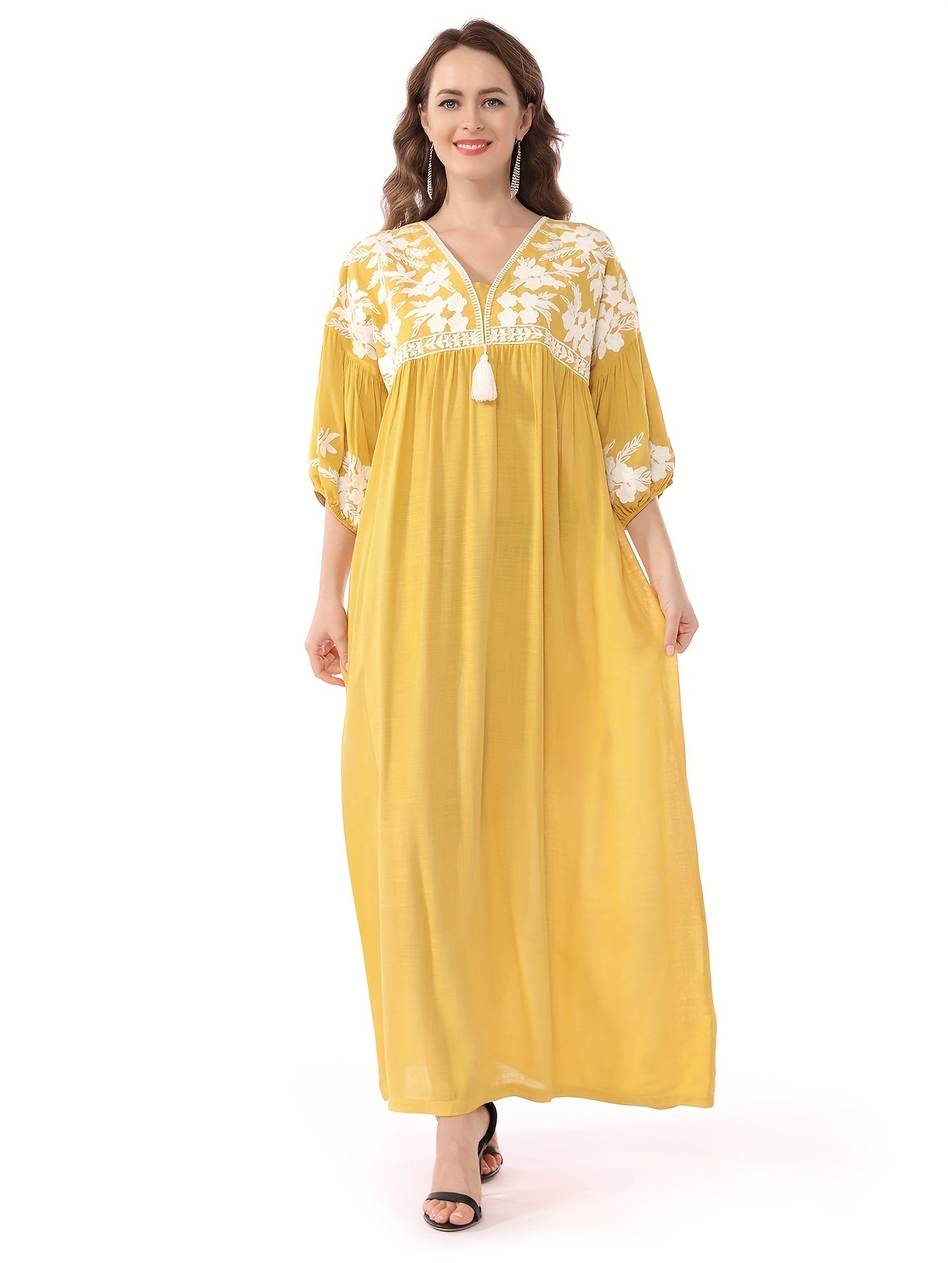 Themed Green Dress with White Floral Embroidery - ./MH