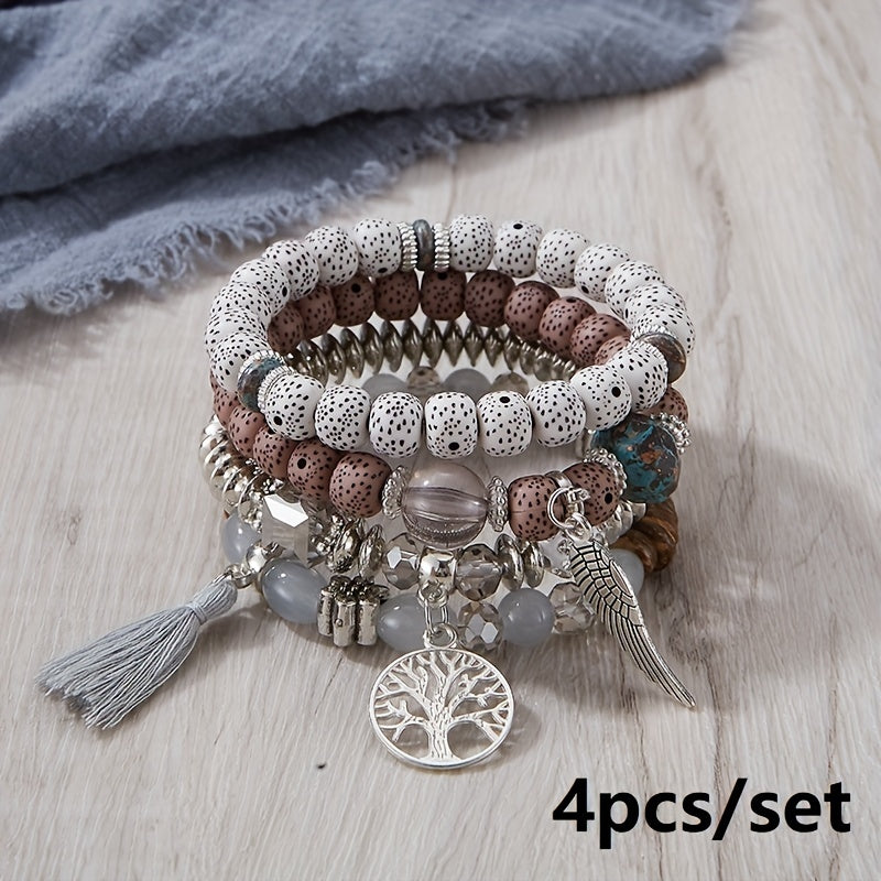 4pcs/set Bohemian Hand String, Tree Of Life Feather Wings Pendant Bracelet, Tassel Couple Handmade Unisex Bracelet, Father's Day Gift