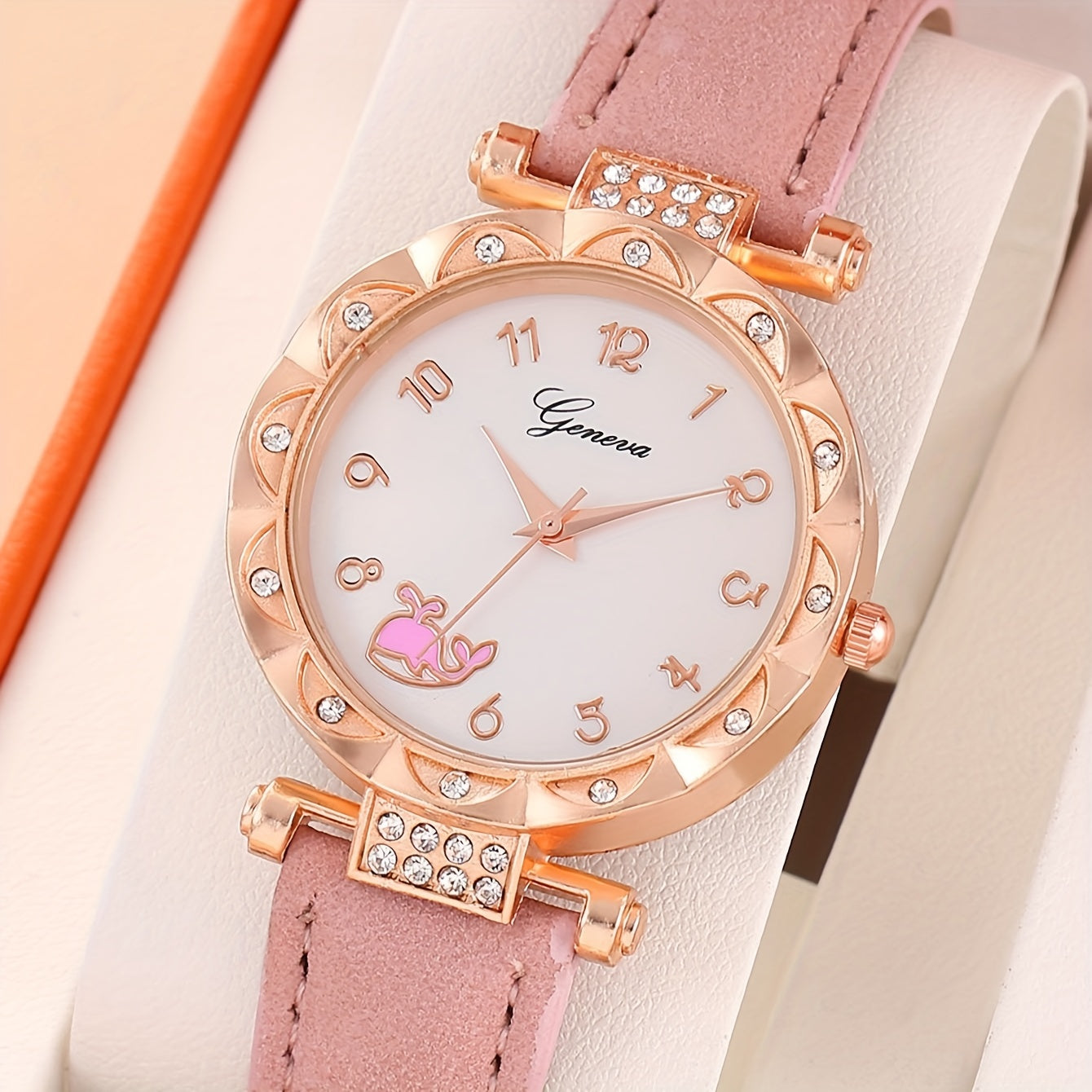 1pc Fashion Trend Rhinestone Quartz Wrist Watch & 5pcs Love Rhinestone Jewelry Set, Birthday Christmas Gift