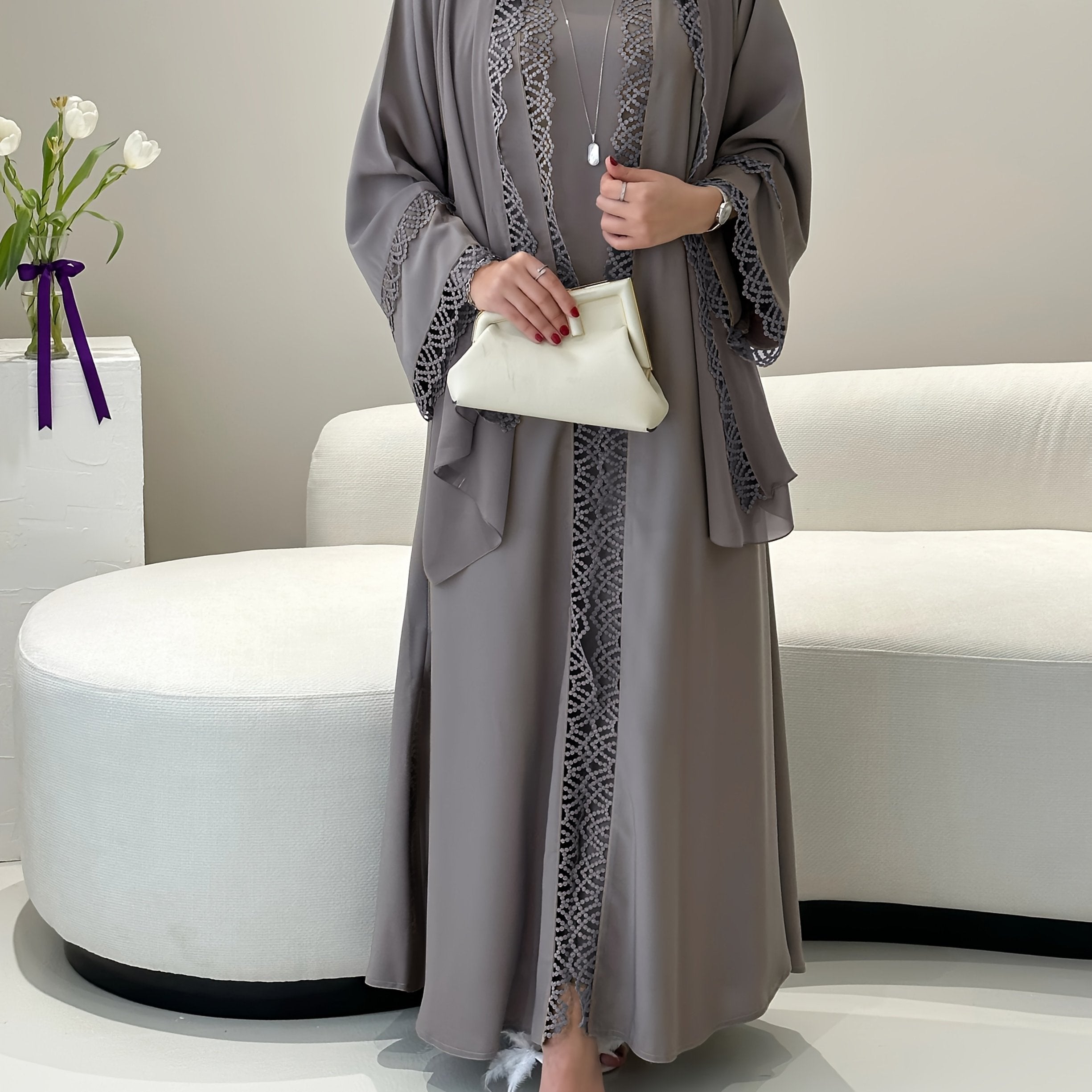 2pcs Set with Lace Trim Muslim Kaftan Plus Sleeveless Vest Skirt, / MH