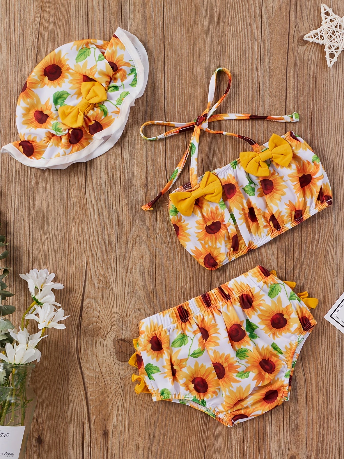 3pcs Baby Girls Bikini Tankini Swimsuit Sunflower Graphic Bow .