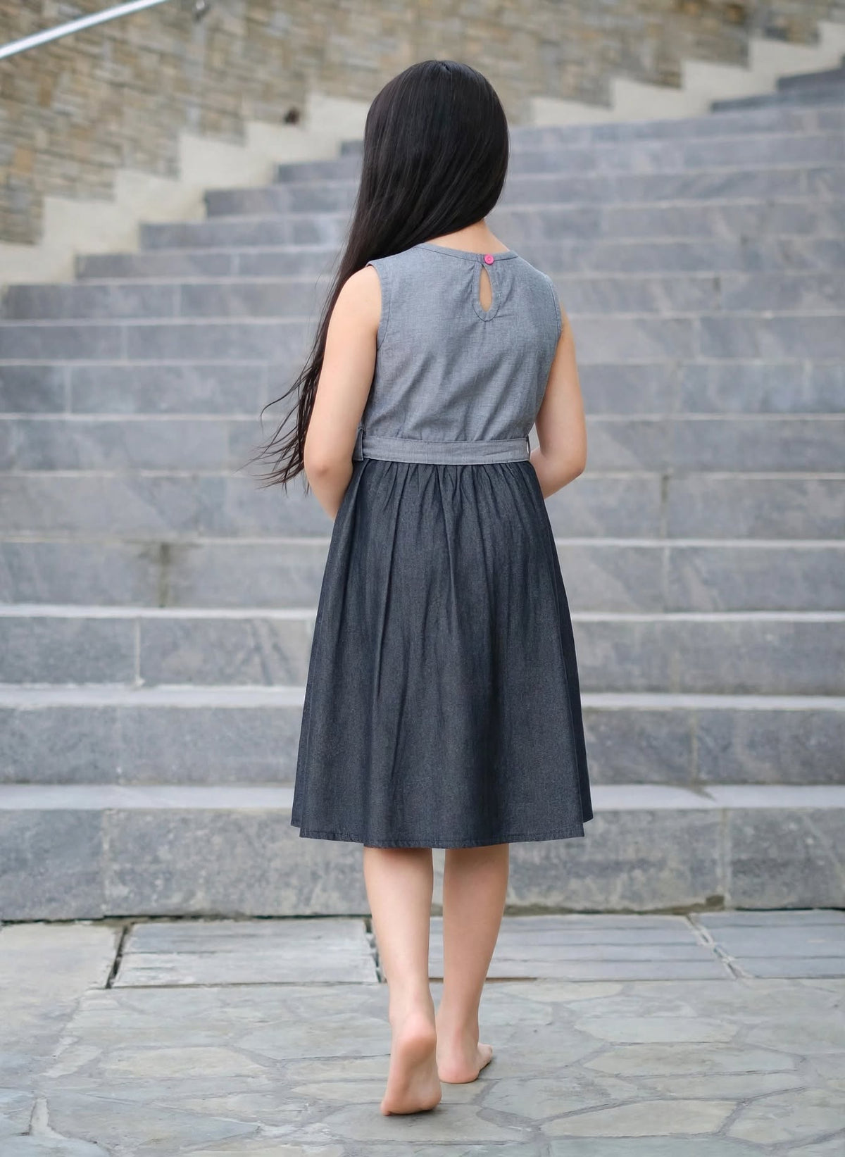 Girls Grey & Black Sleeveless Party Dress with Waist Tie Belt | Sizes (2–12 Years) | MH
