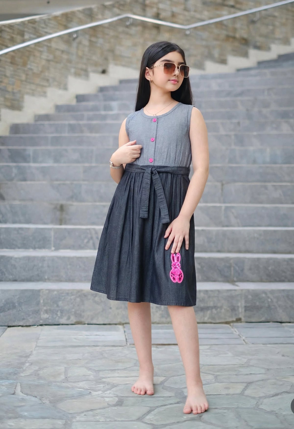 Girls Grey & Black Sleeveless Party Dress with Waist Tie Belt | Sizes (2–12 Years) | MH