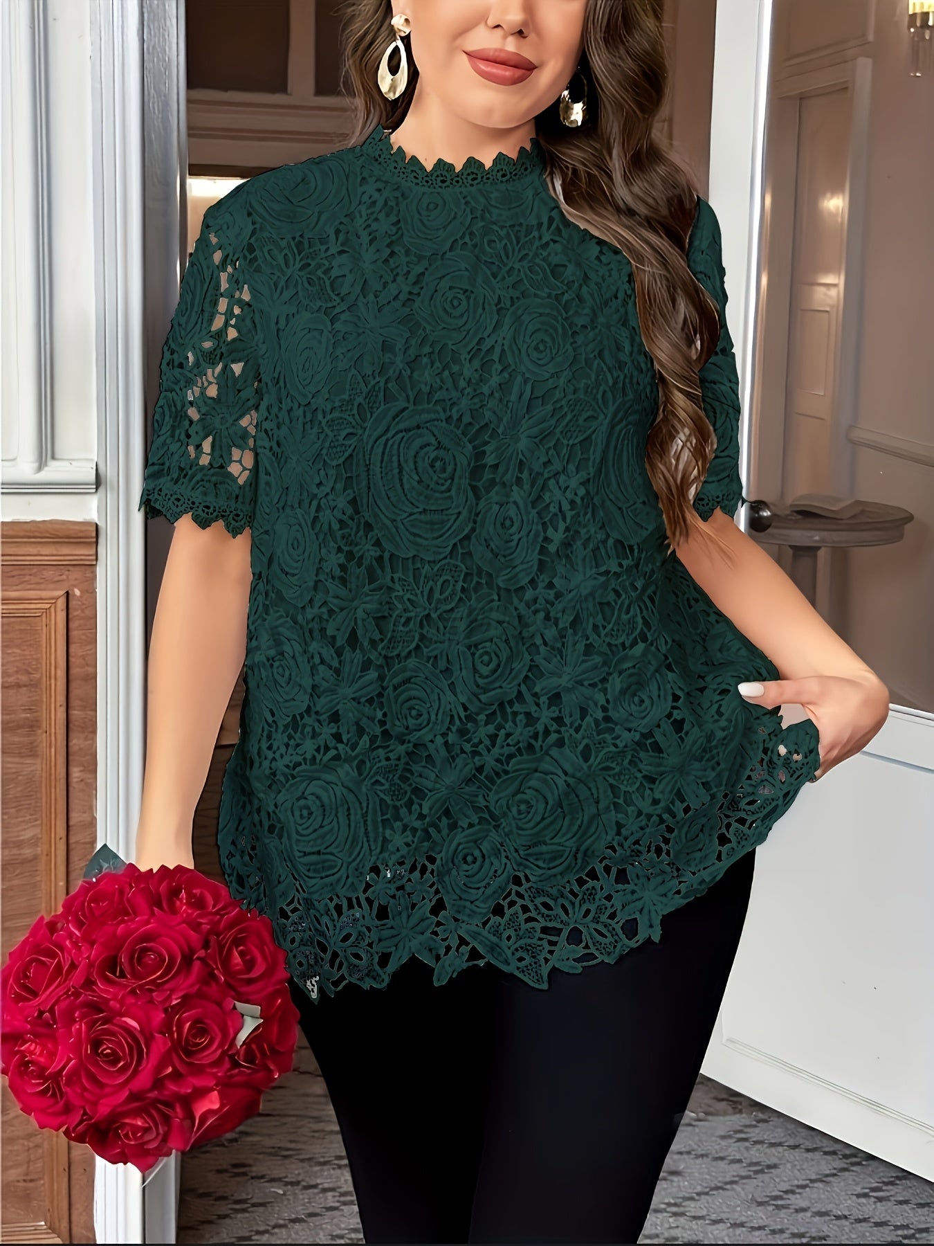 [Elegant Blouse] Elegant Green Lace Plus Size Blouse for Women |