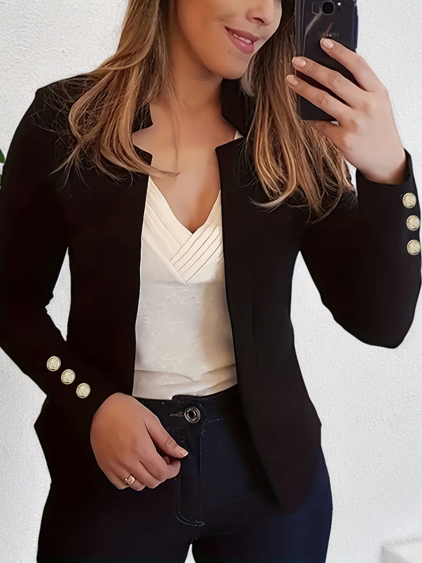 Solid Open Front Button Decor Blazer, Elegant Long Sleeve Blazer.