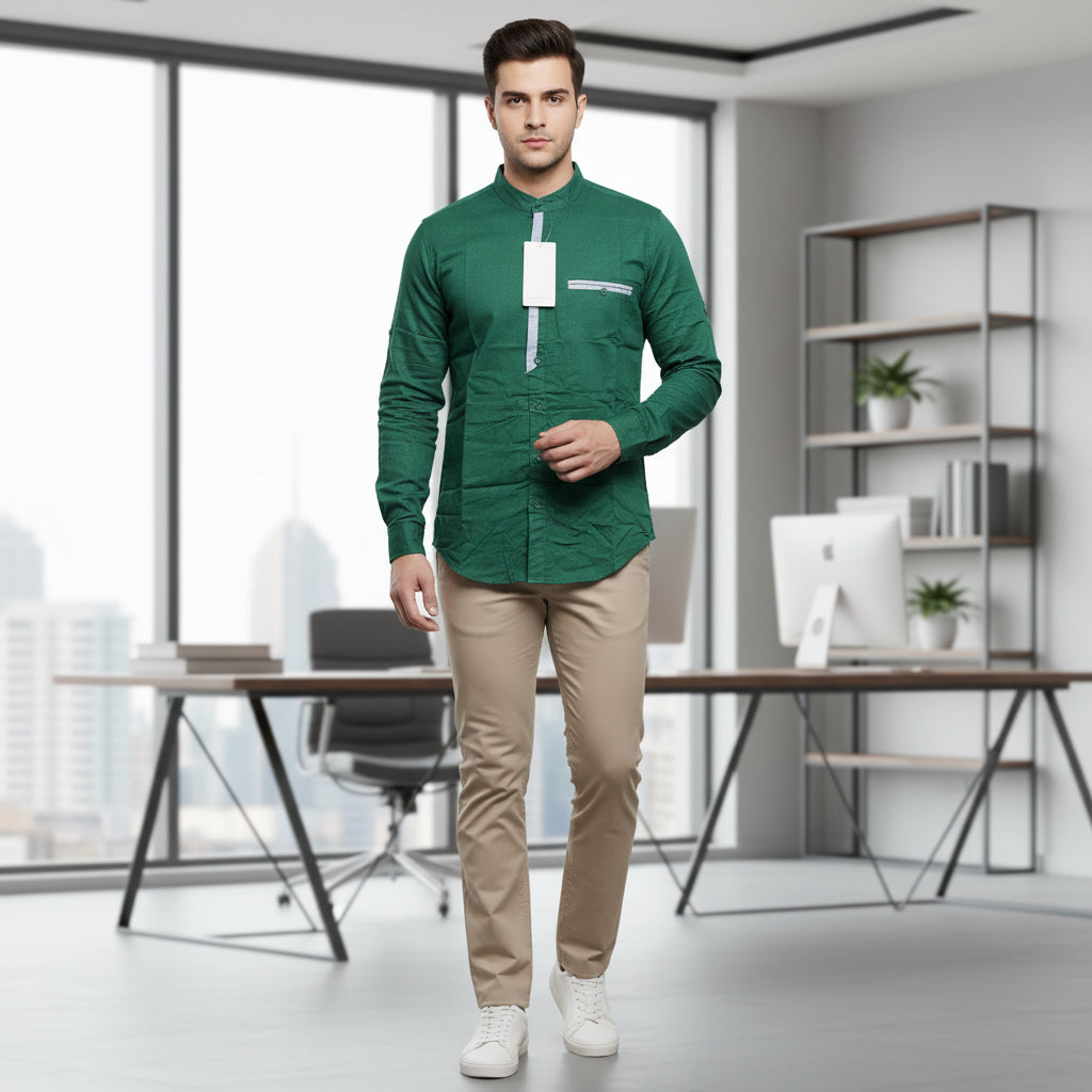 Men's Mandarin Collar Slim-Fit Contrast Detail Casual Cotton Shirt | MH
