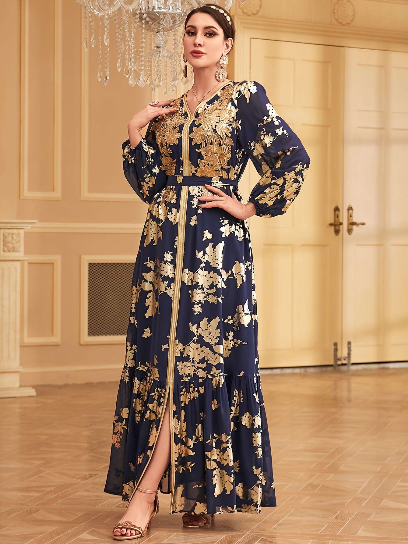 Bronzing V-neck Kaftan Dress, Elegant Long Sleeve 'MH