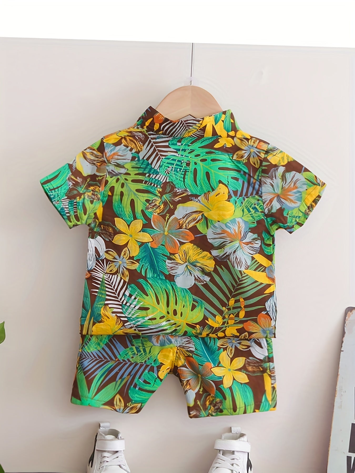 Boys Leaf And Flower Print Casual Outfit Short Sleeves .