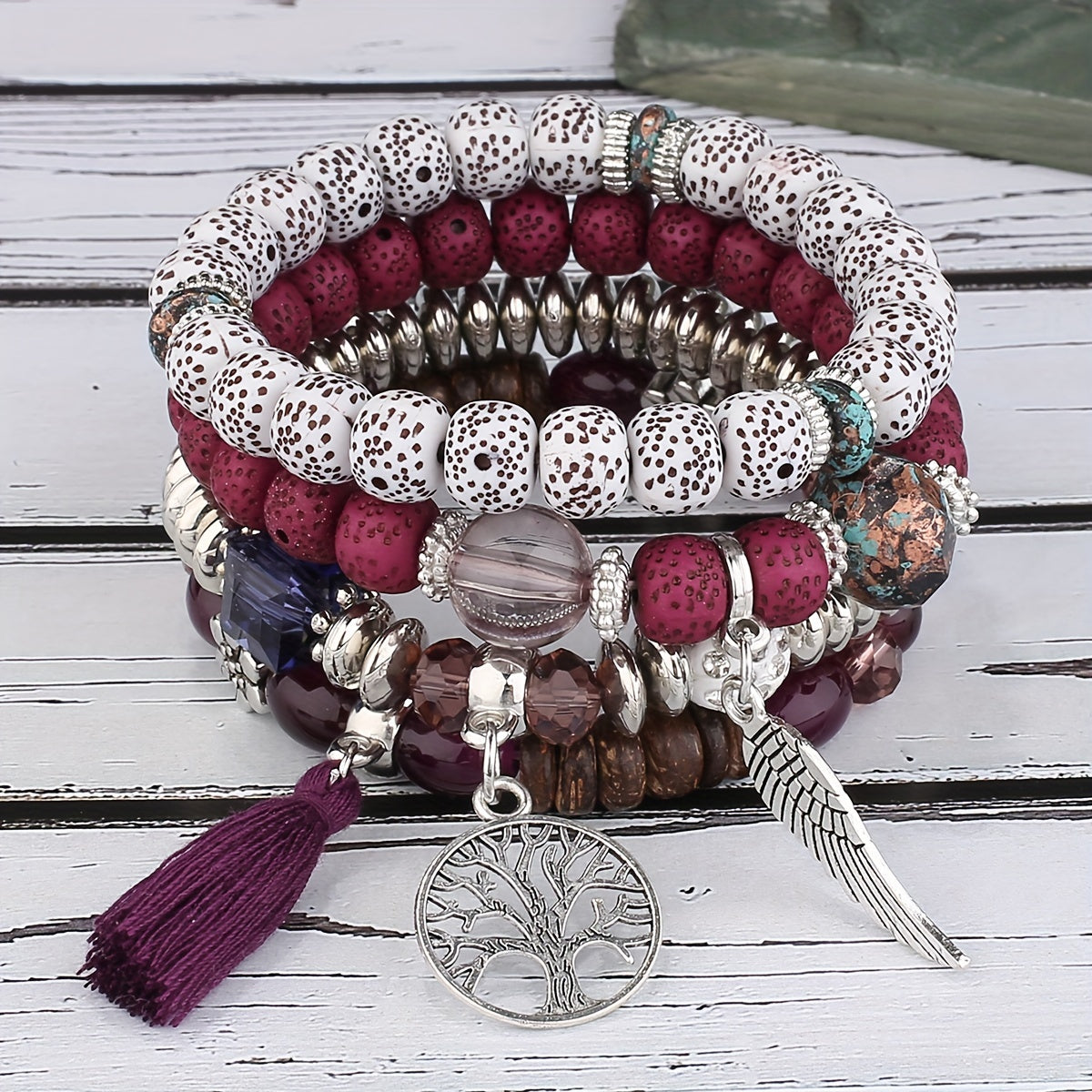 4pcs/set Bohemian Hand String, Tree Of Life Feather Wings Pendant Bracelet, Tassel Couple Handmade Unisex Bracelet, Father's Day Gift