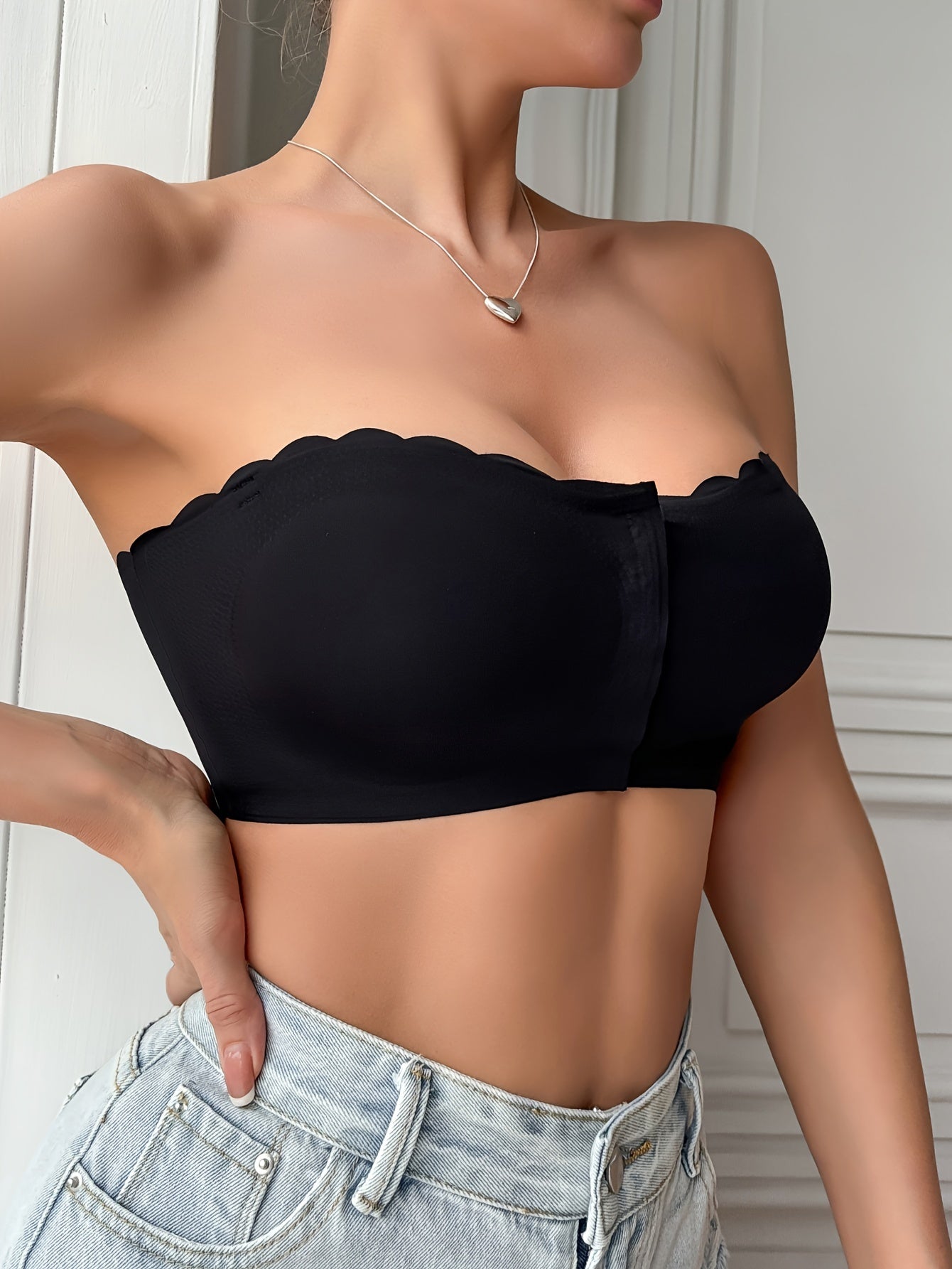 Solid Seamless Strapless Front Closure Wireless Strapless Bra,/MH