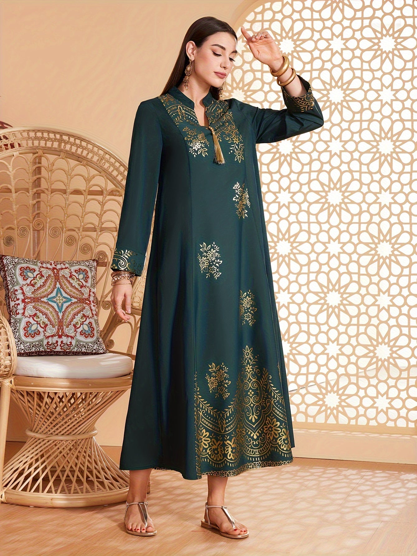 Floral Print V Neck Kaftan Dress, Elegant Long Sleeve Loose Fit Dress, /MH