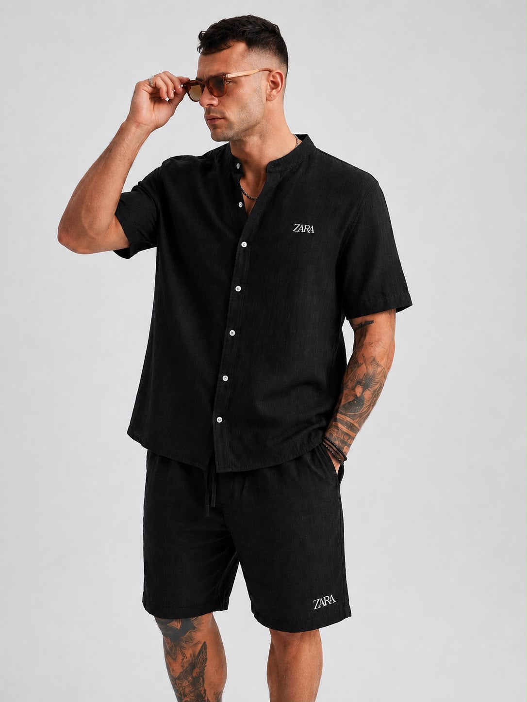 Men’s Premium Textured Band Collar Shirt & Shorts Co-ord Set | Half Sleeve Summer Set | M–XXL