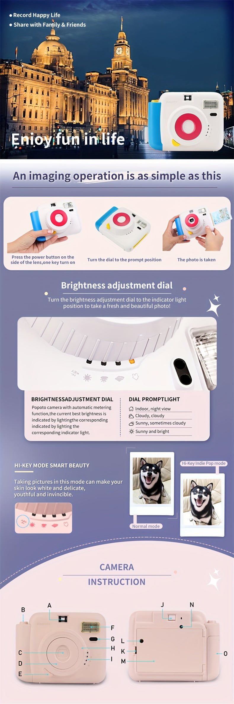 Popoto Instant Camera Gift Set with PU Case - Flash-Enabled, Battery-Free Photography Kit for Outdoor Parties (Camera & Accessories Included, No Batteries or Film)