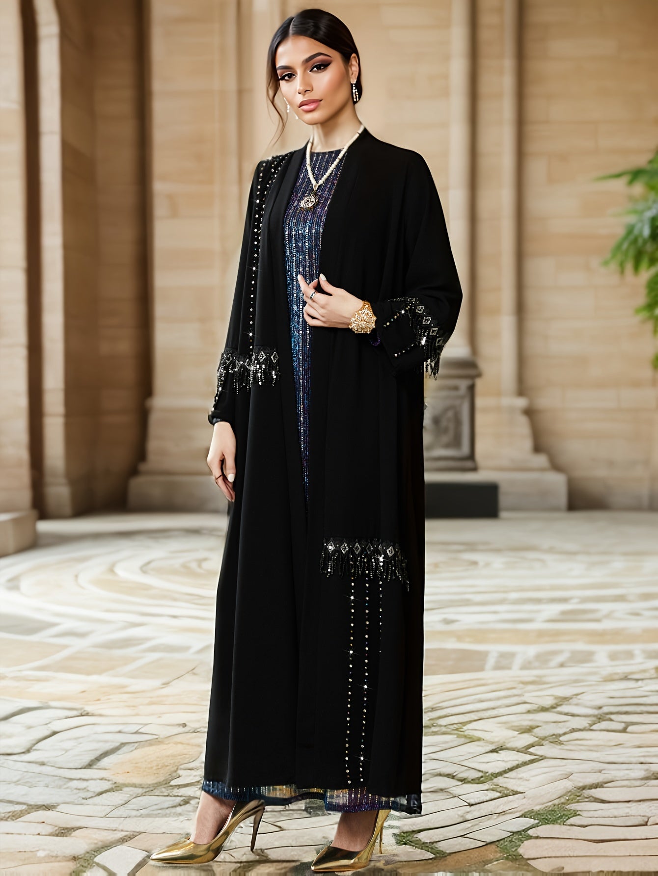 Open Front Rhinestone Decor Kaftan Dress, Elegant Long Sleeve '/MH