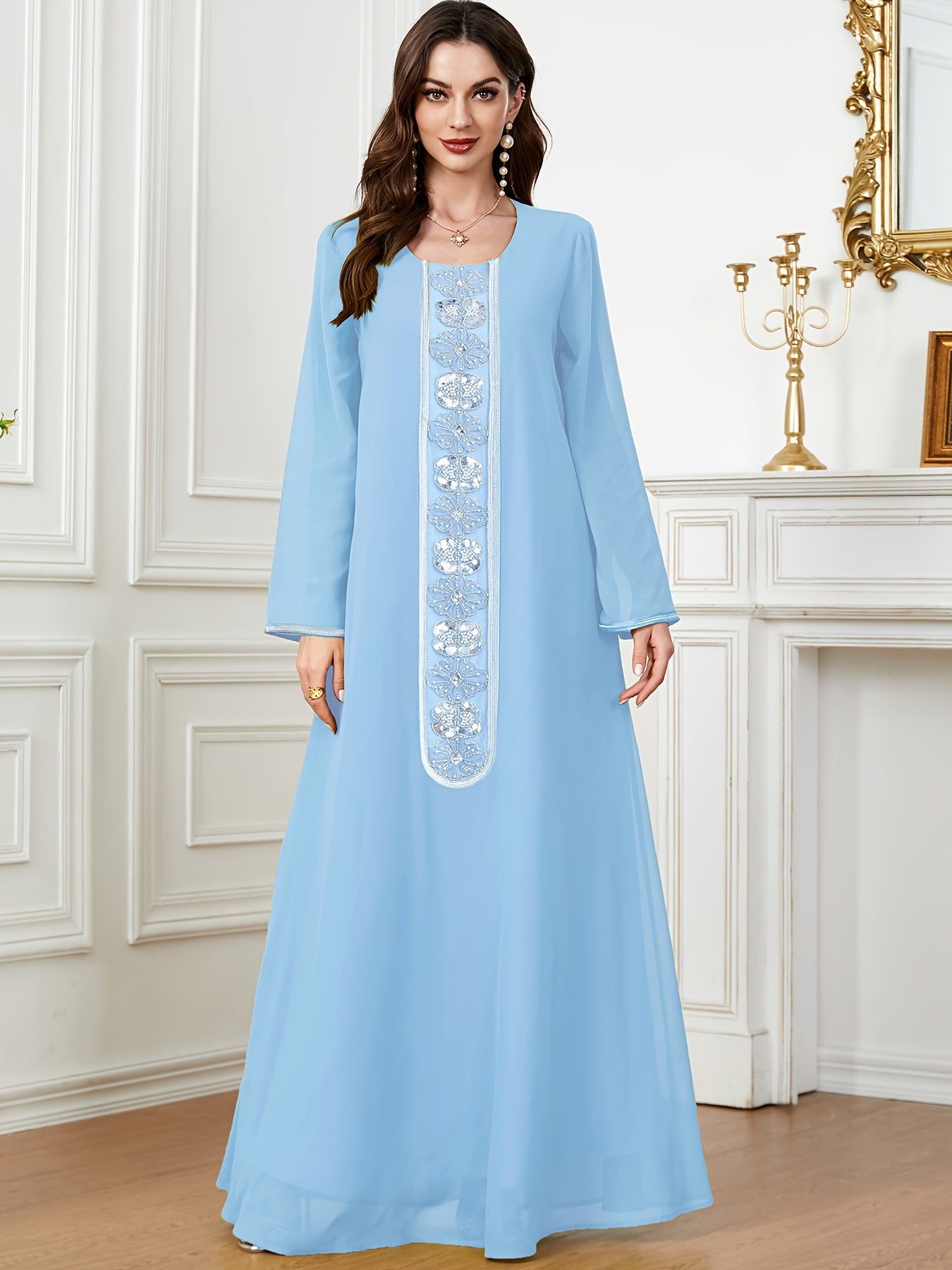 Embroidered Crew Neck Kaftan Dress, Elegant Long Sleeve women fashion '/MH