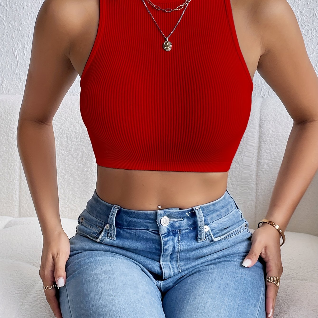 Solid Ribbed Crop Tank Top, Casual Sleeveless Basic Summer Top, Women's Clothing