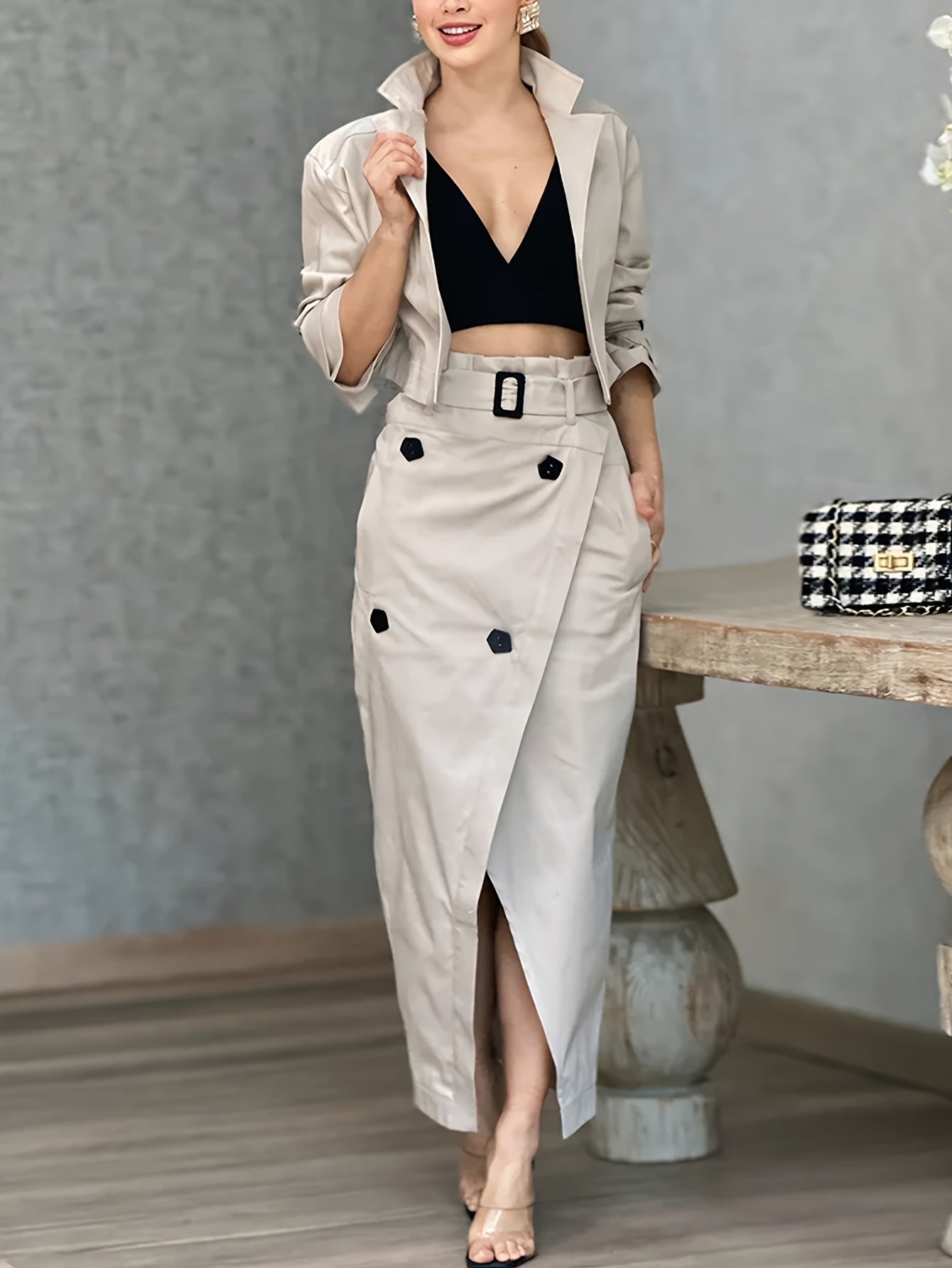 Elegant Women'S Trench Coat Skirt Suit with Belt,