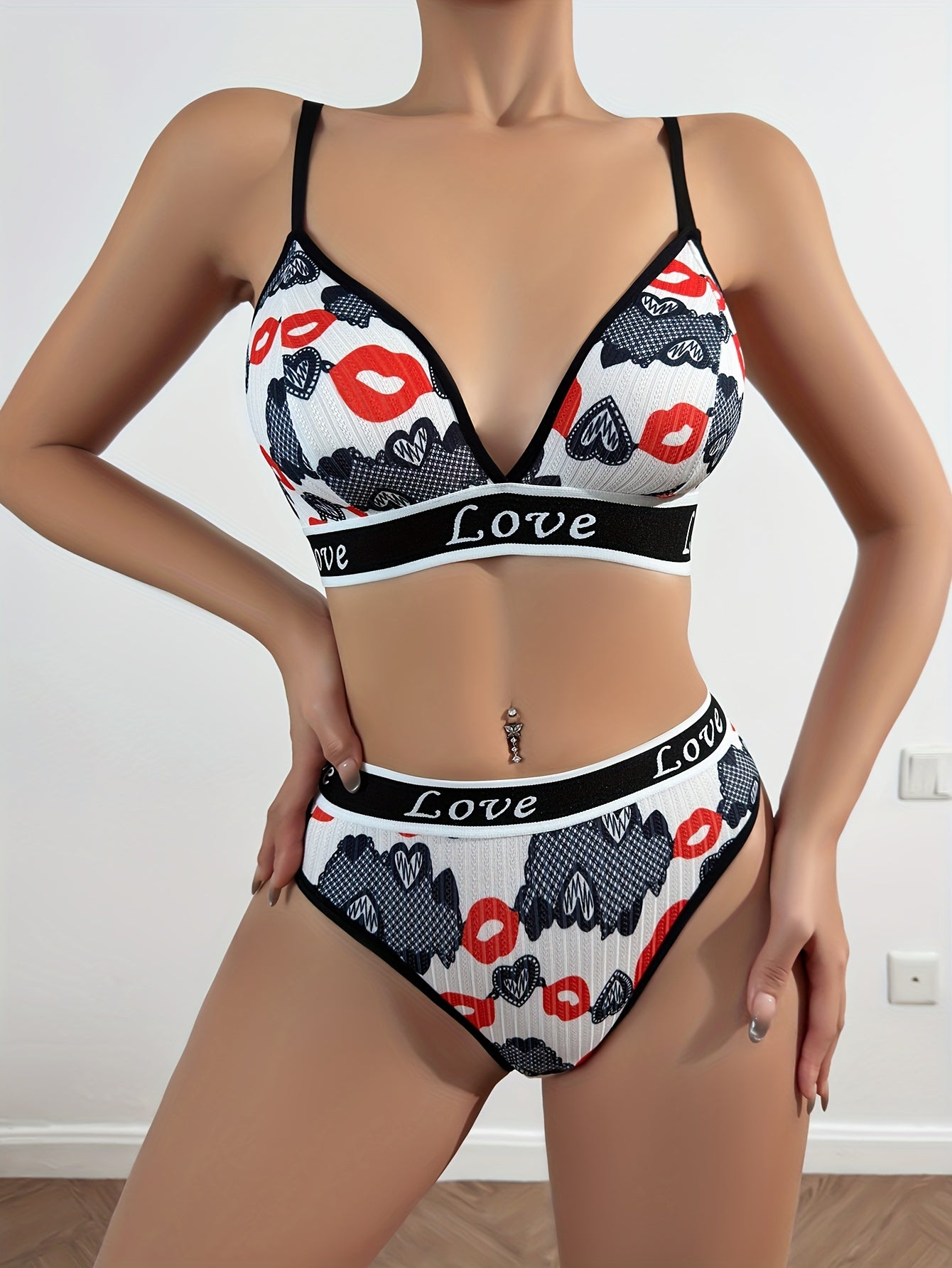 Heart Print Bra & Panty, Breathable Bra & Panties Lingerie Set,/MH