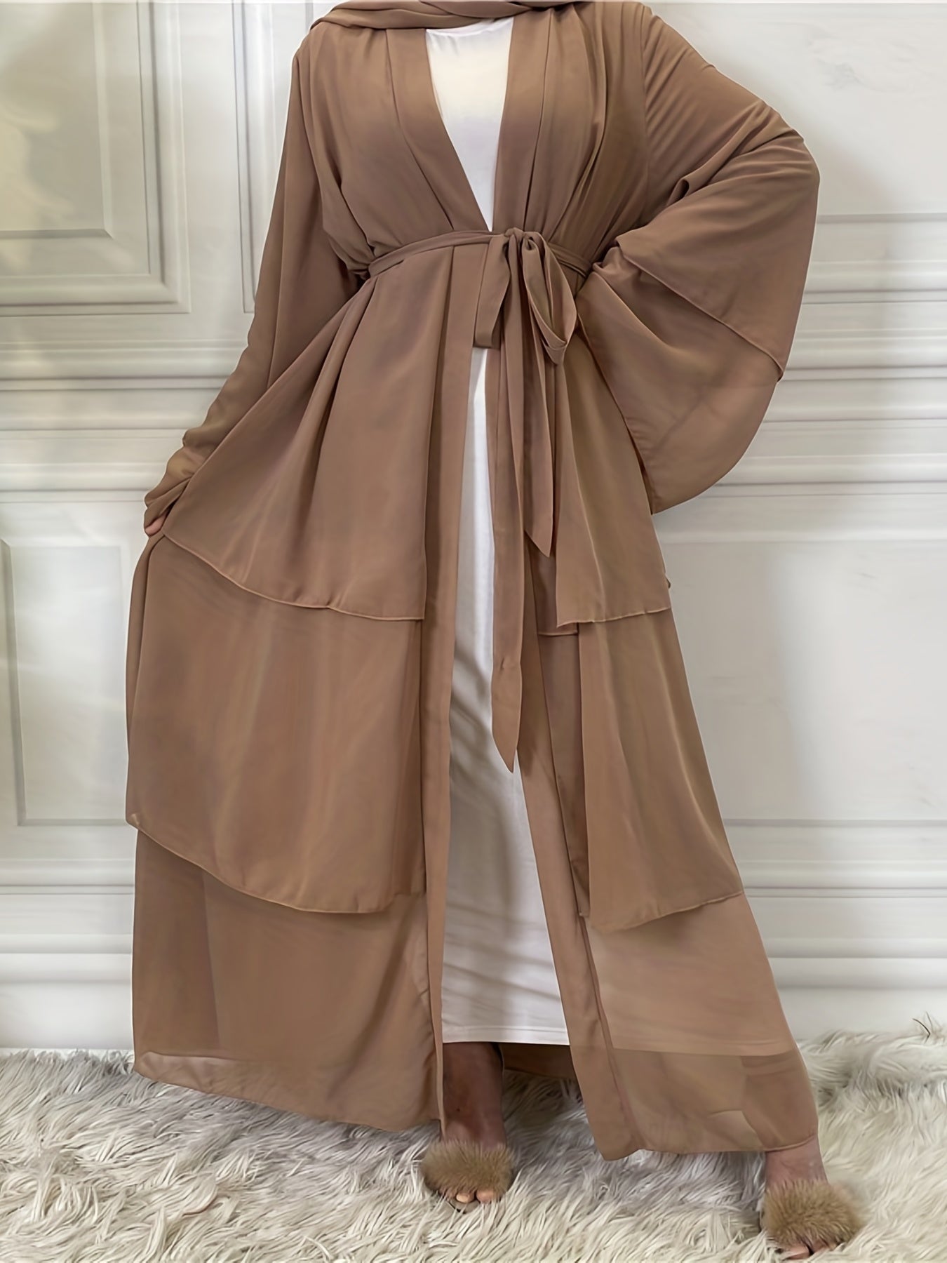 Layered Open Front Modest Dress, Long Sleeve Muslim Dress'/MH