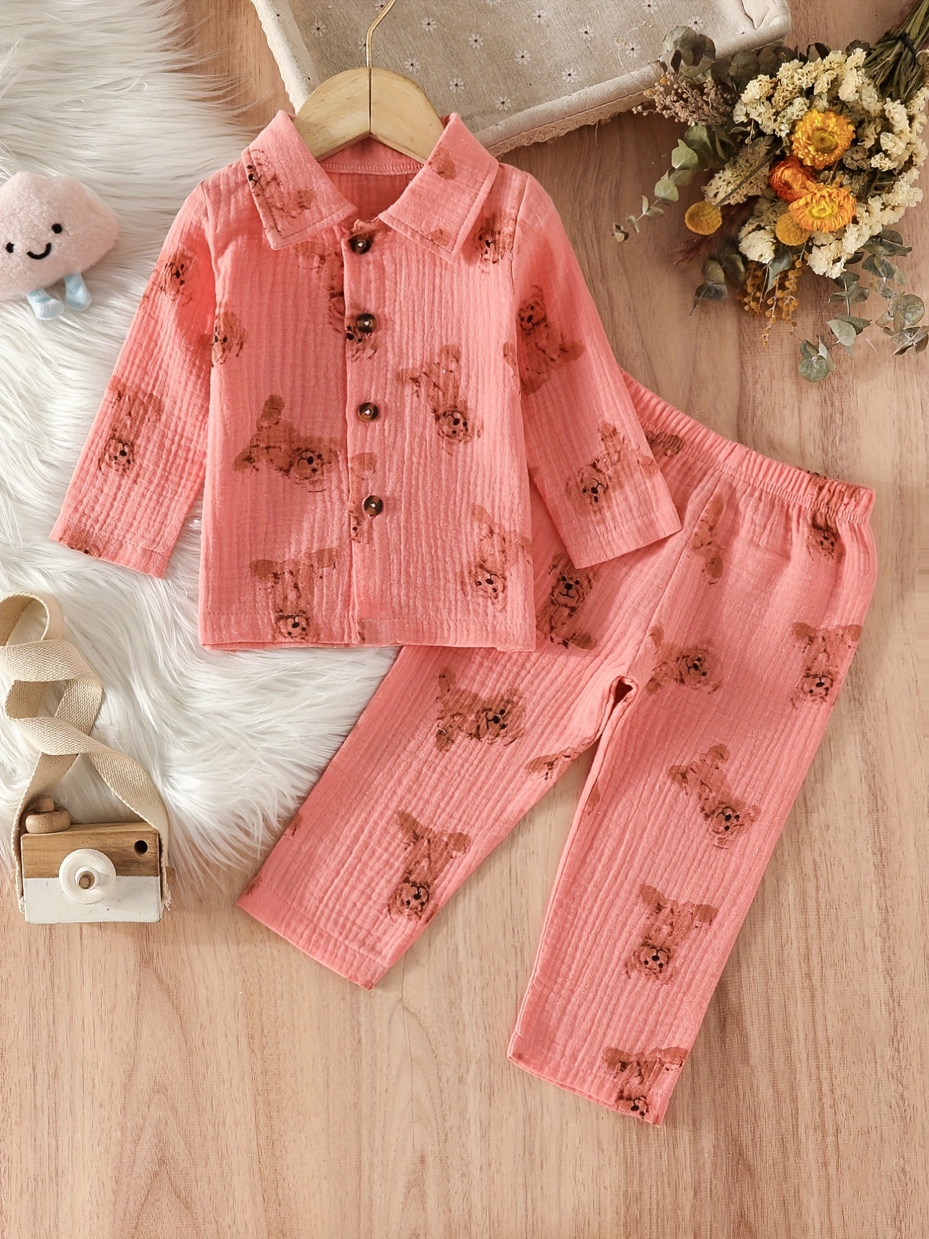Baby's Cute Cartoon Graphic Pajamas Set Long Sleeve Top & Pants Outfit, Loungewear