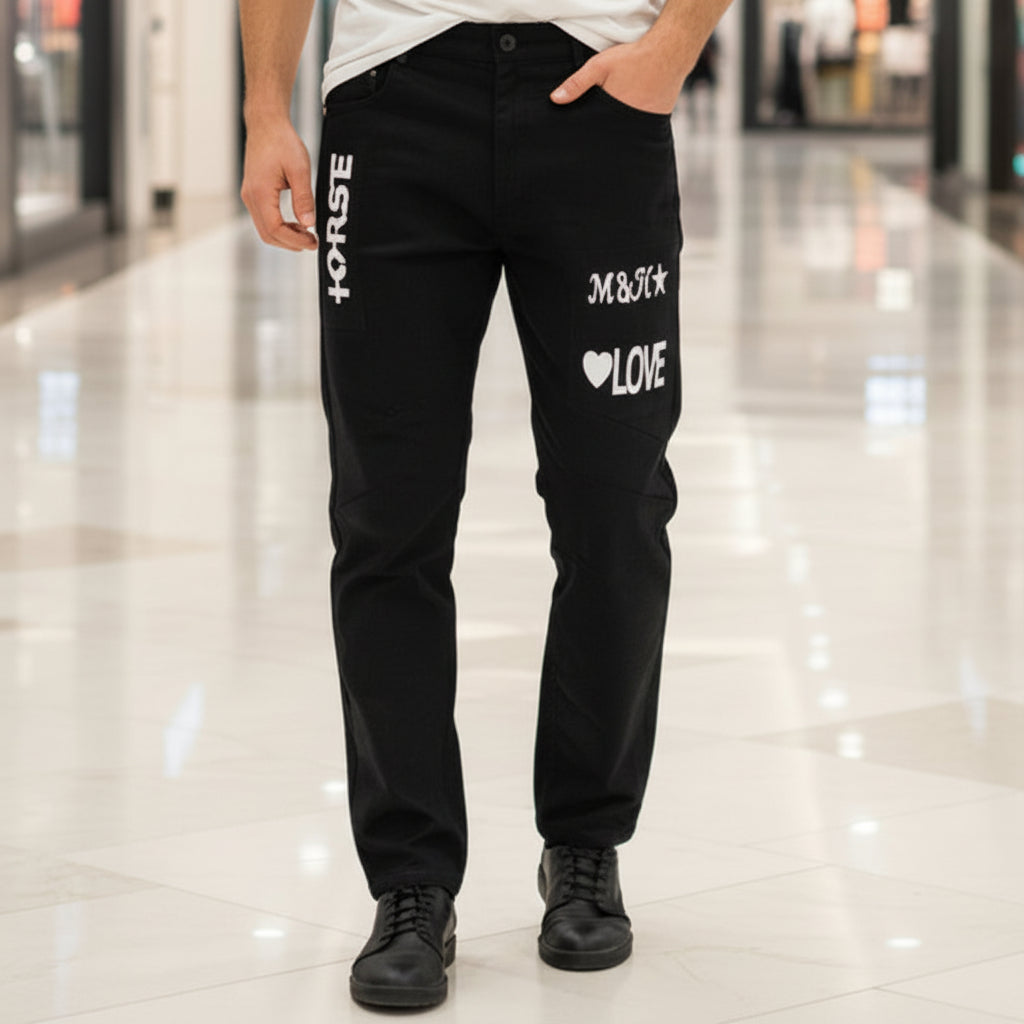 Young Men’s Black Cargo Jeans 17-24 Years | Stylish Denim Pants with “HORSE” “LOVE” Patches | MH