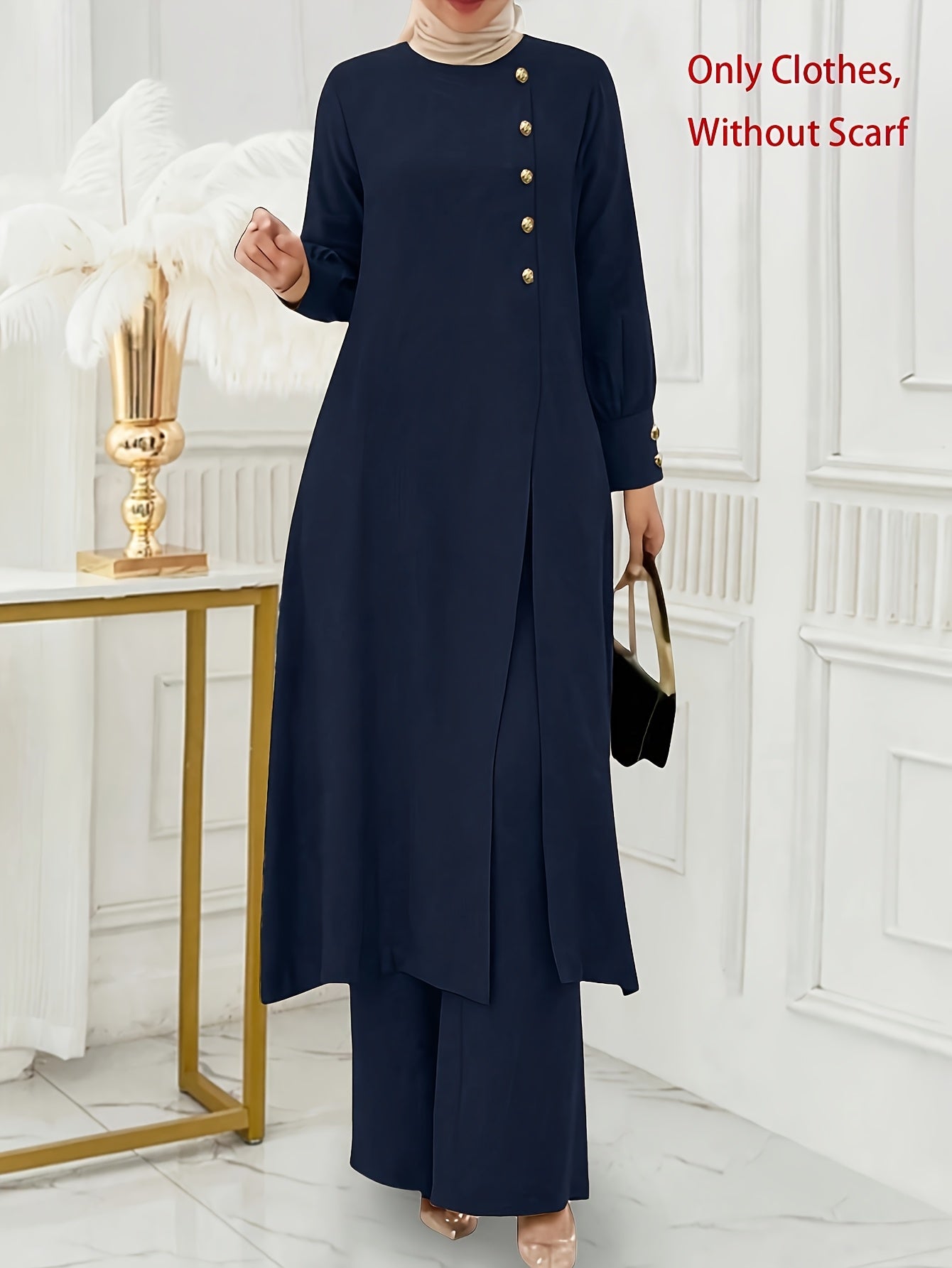 Solid Color Button Design Long Sleeve Top and Pants Set, Arabic Style,/MH
