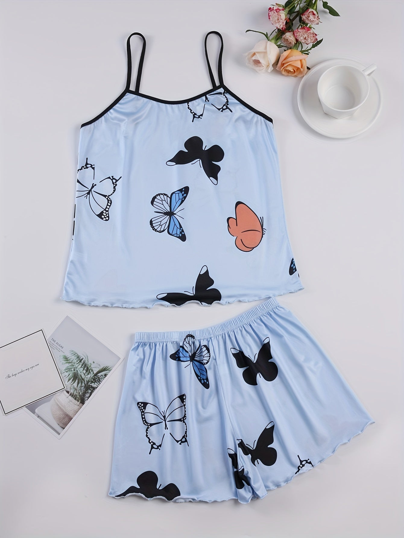 Casual Butterfly Print Lettuce Trim Pajama Set,