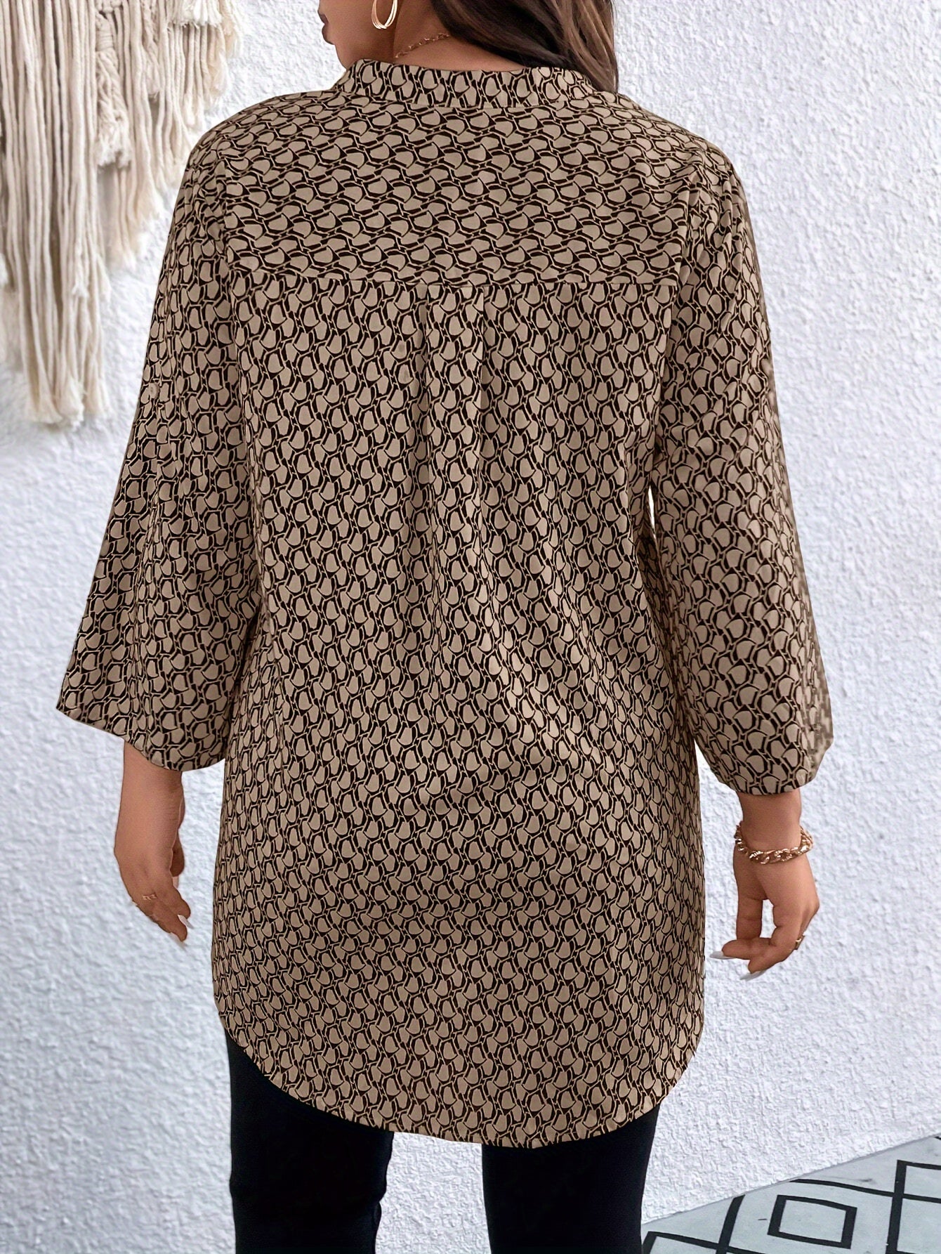 Plus Size Women's Allover Print Roll Up Sleeve Notched Neck Tunic Top Casual Blouse