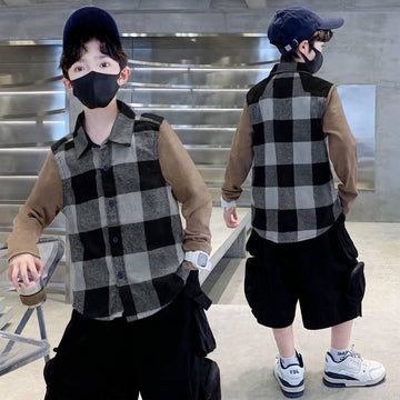 Trendy Kids Cotton Long Sleeve Shirt – Check Pattern & Knit Sleeve Design (1-12yrs)MH