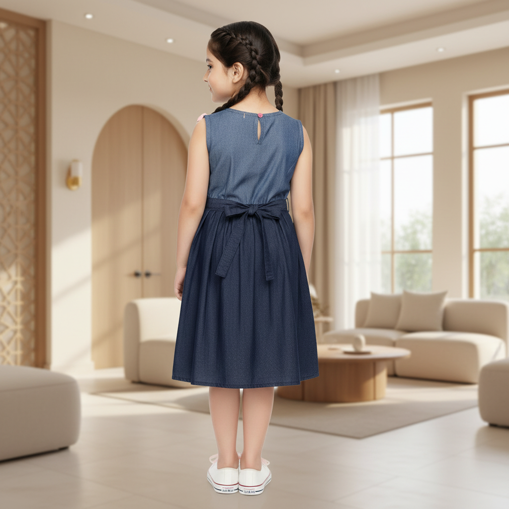 Girls Navy Blue Sleeveless Party Dress with Waist Tie Belt | Sizes (2–12 Years) | MH