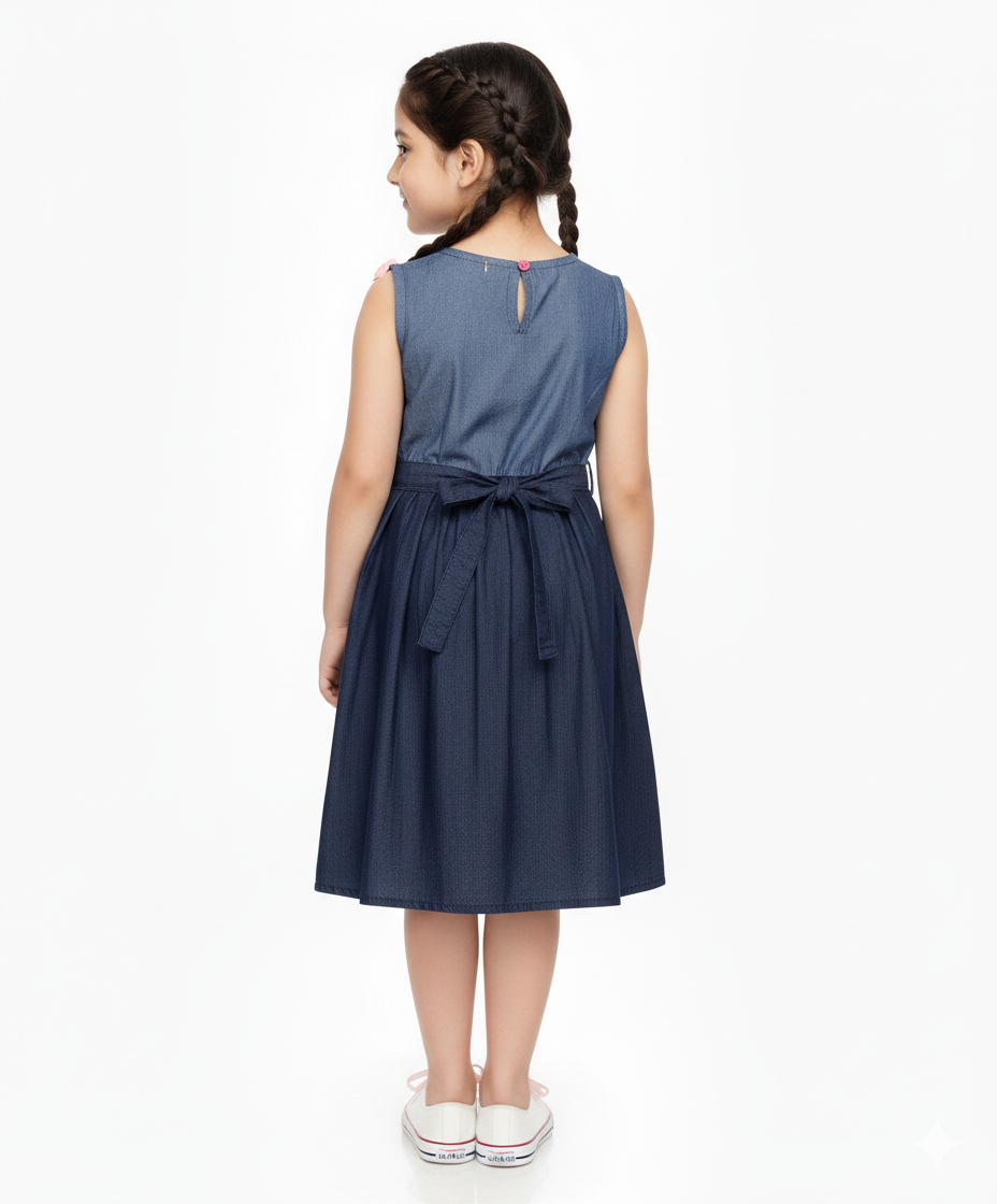 Girls Navy Blue Sleeveless Party Dress with Waist Tie Belt (2–12 Years)