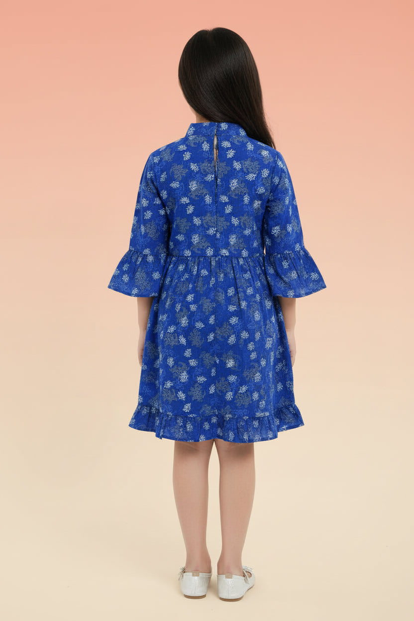 Girls' Floral Long Sleeve Flare Dress – Ruffle Cuff Cotton Party Dress (2-12 Years) | MH