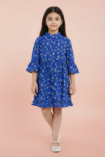 Girls' Floral Long Sleeve Flare Dress – Ruffle Cuff Cotton Party Dress (2-12 Years) | MH